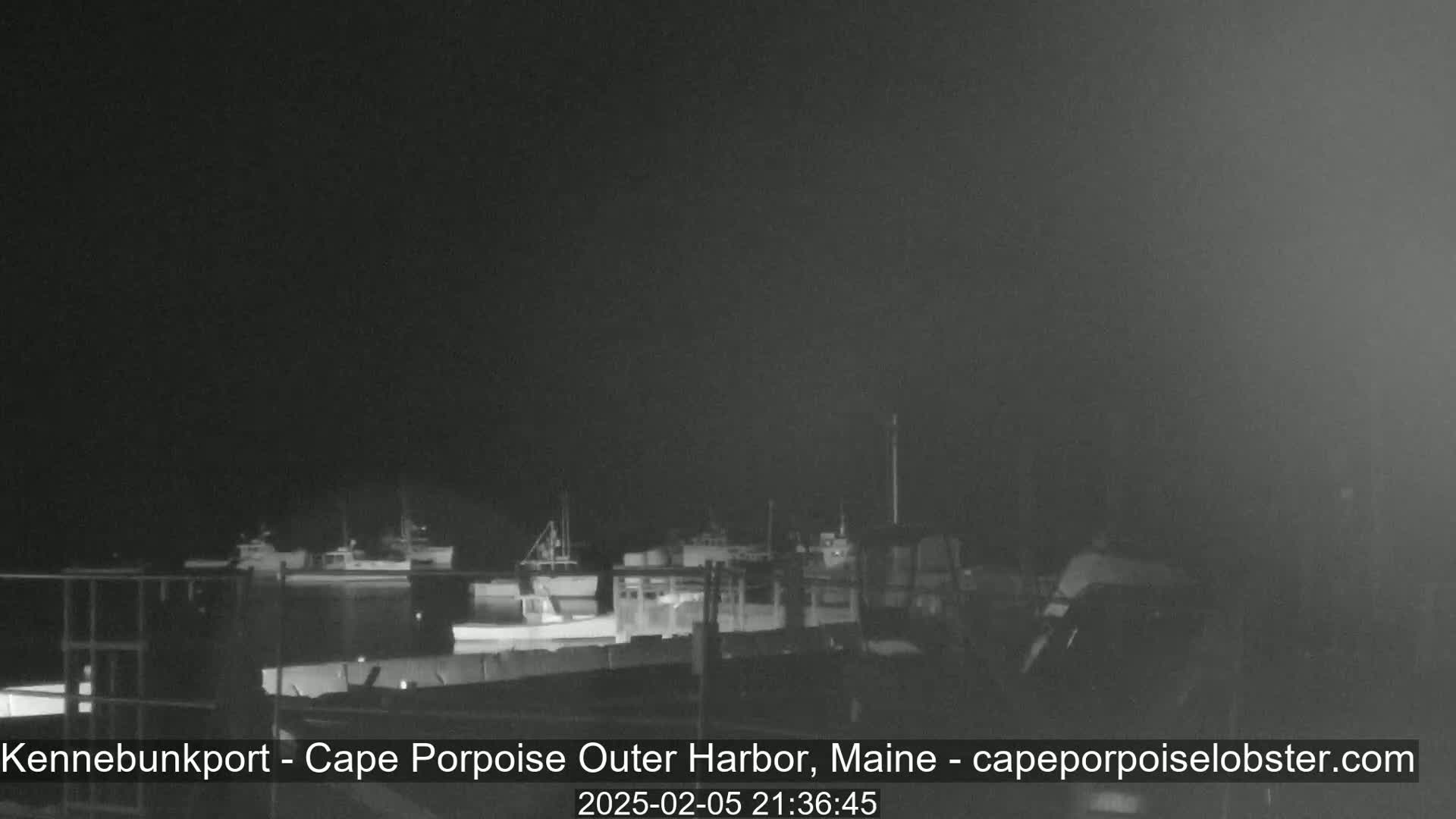 Several boats are docked at a harbor at night under a dark sky.