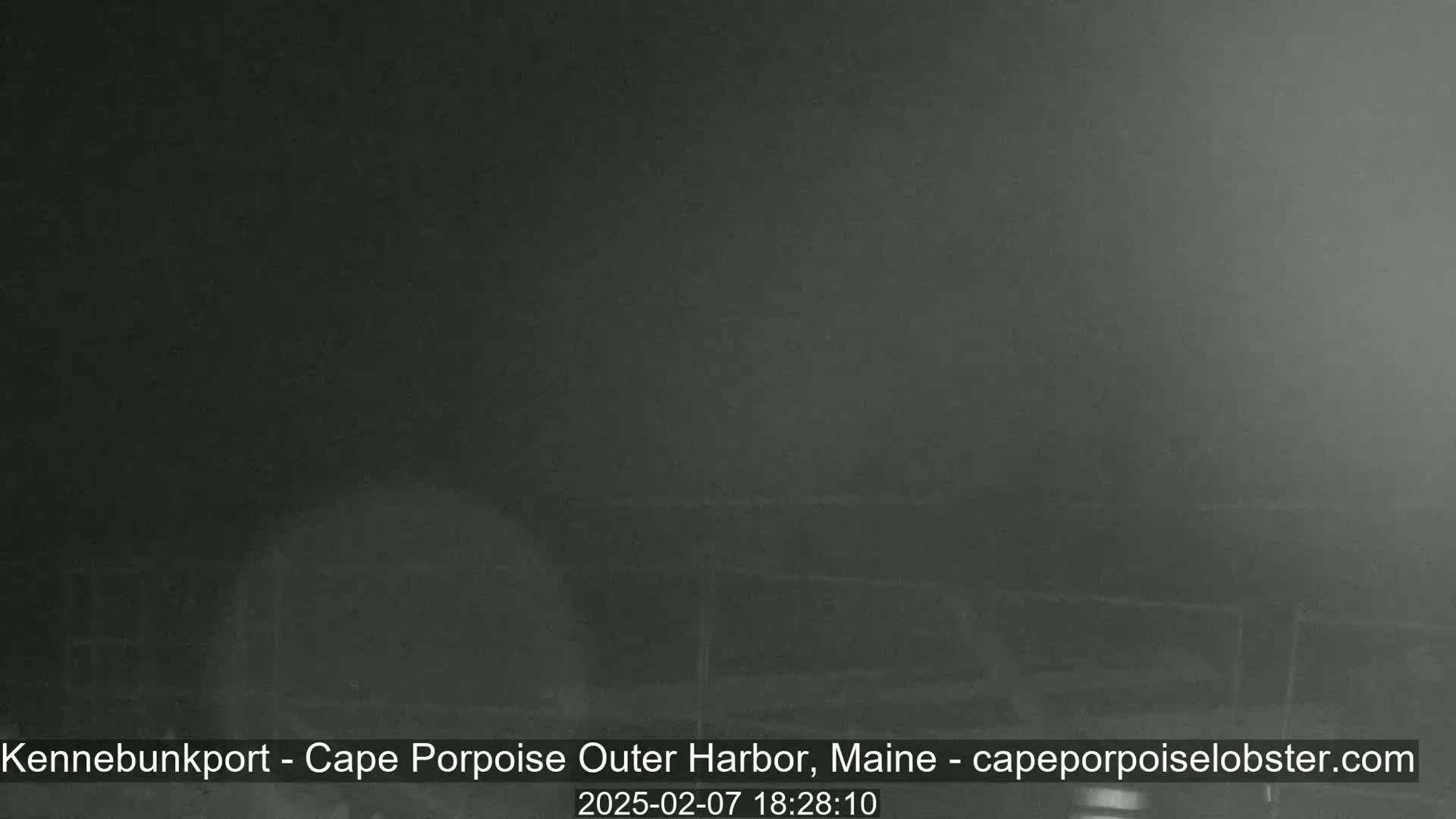 A dark, blurry image shows an outdoor scene at night in foggy or hazy conditions.