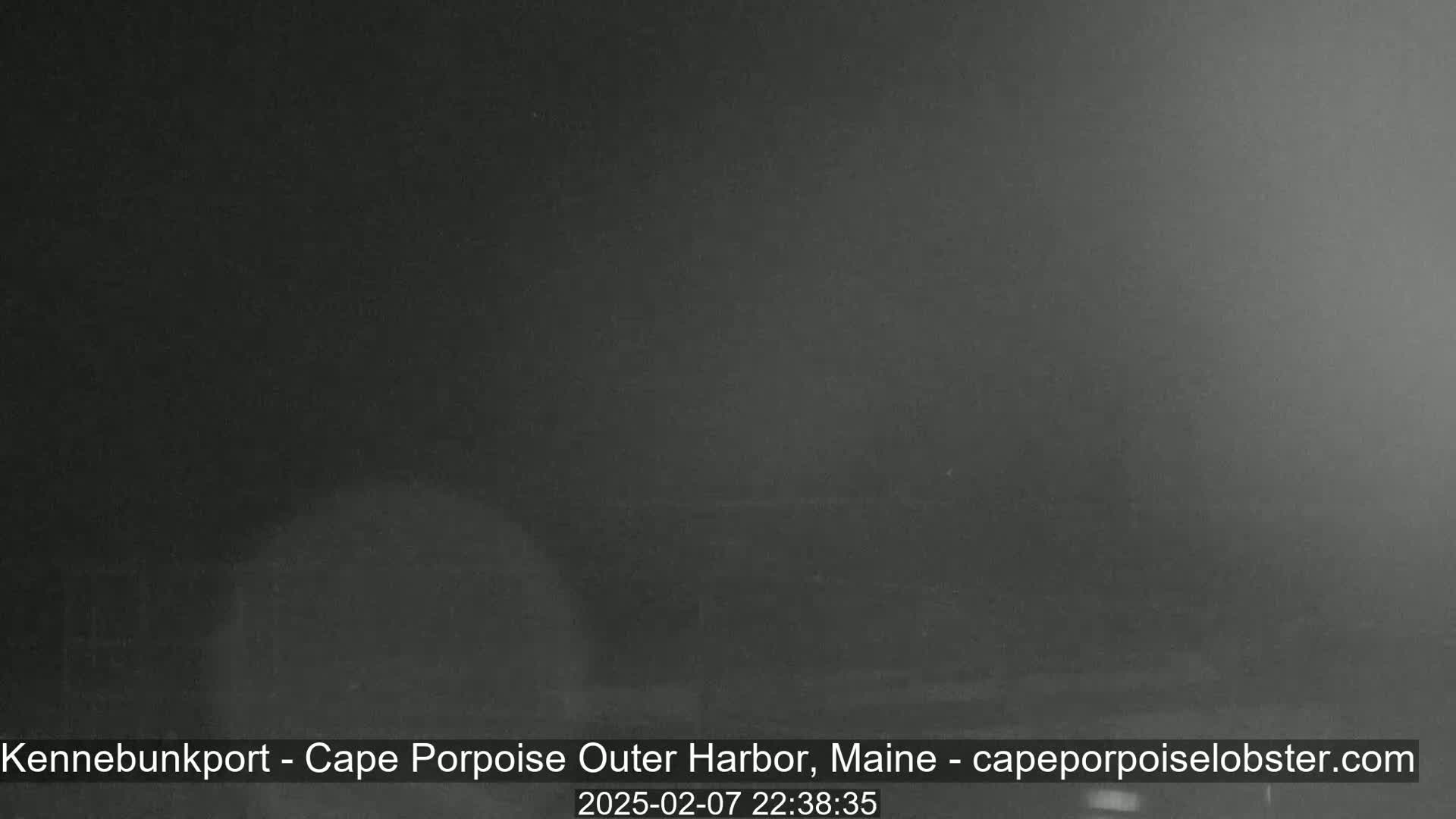 A dark, nighttime scene shows a very foggy or hazy outdoor area.