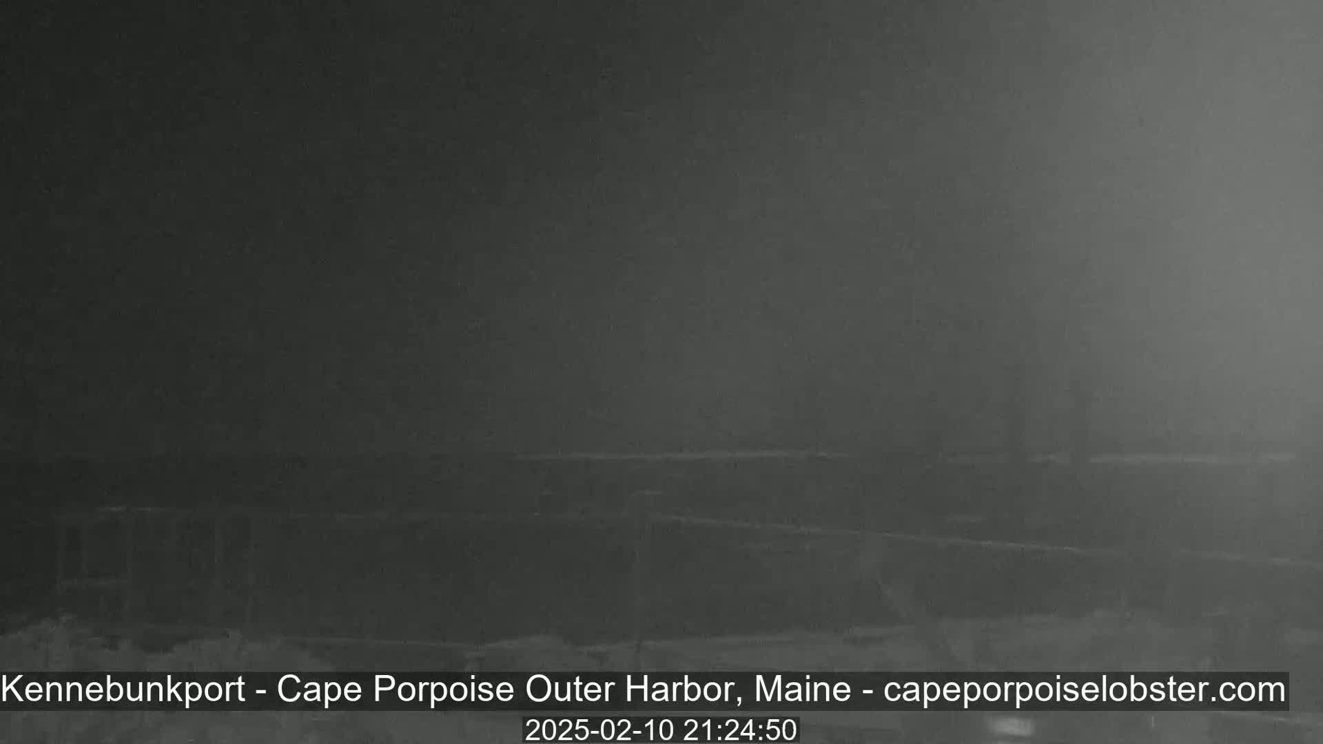 A dark, nighttime view of a harbor, obscured by fog or mist.