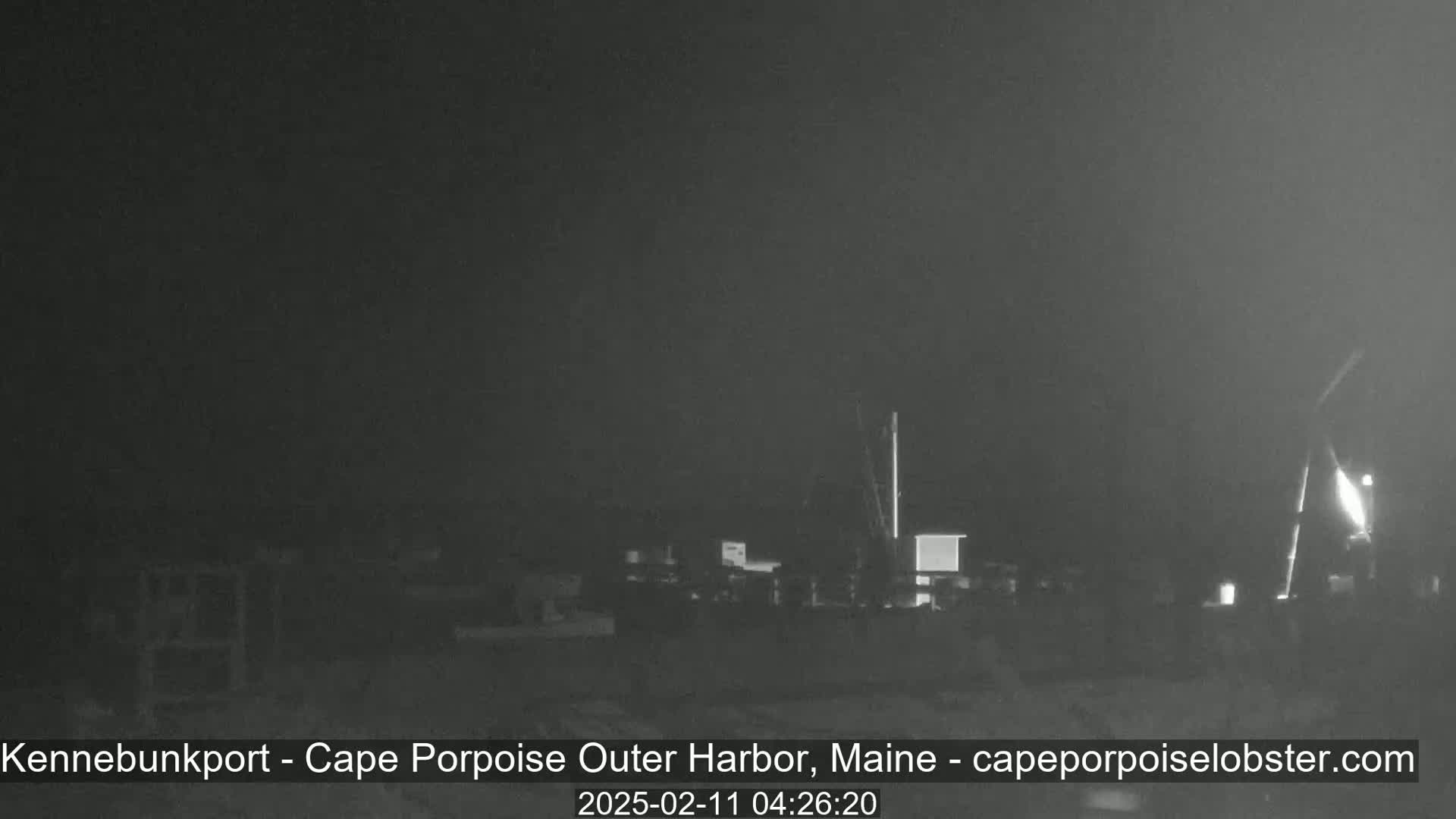 A nighttime, low-light image shows a harbor with several structures and a tall, thin object, possibly a crane or similar piece of equipment, under dark, cloudy skies.