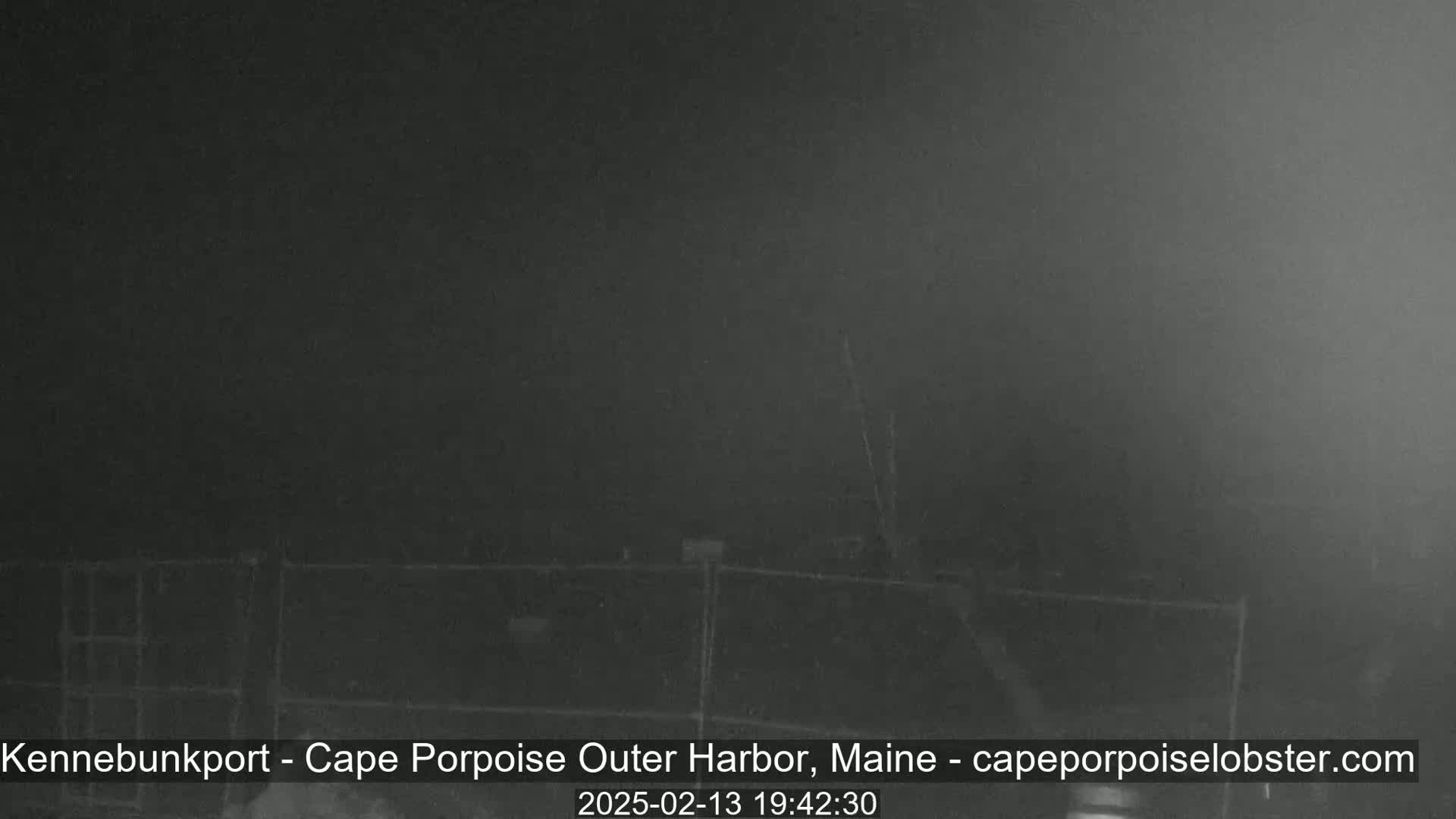A nighttime, low-visibility outdoor scene shows a dark, indistinct area with a fence in the foreground.