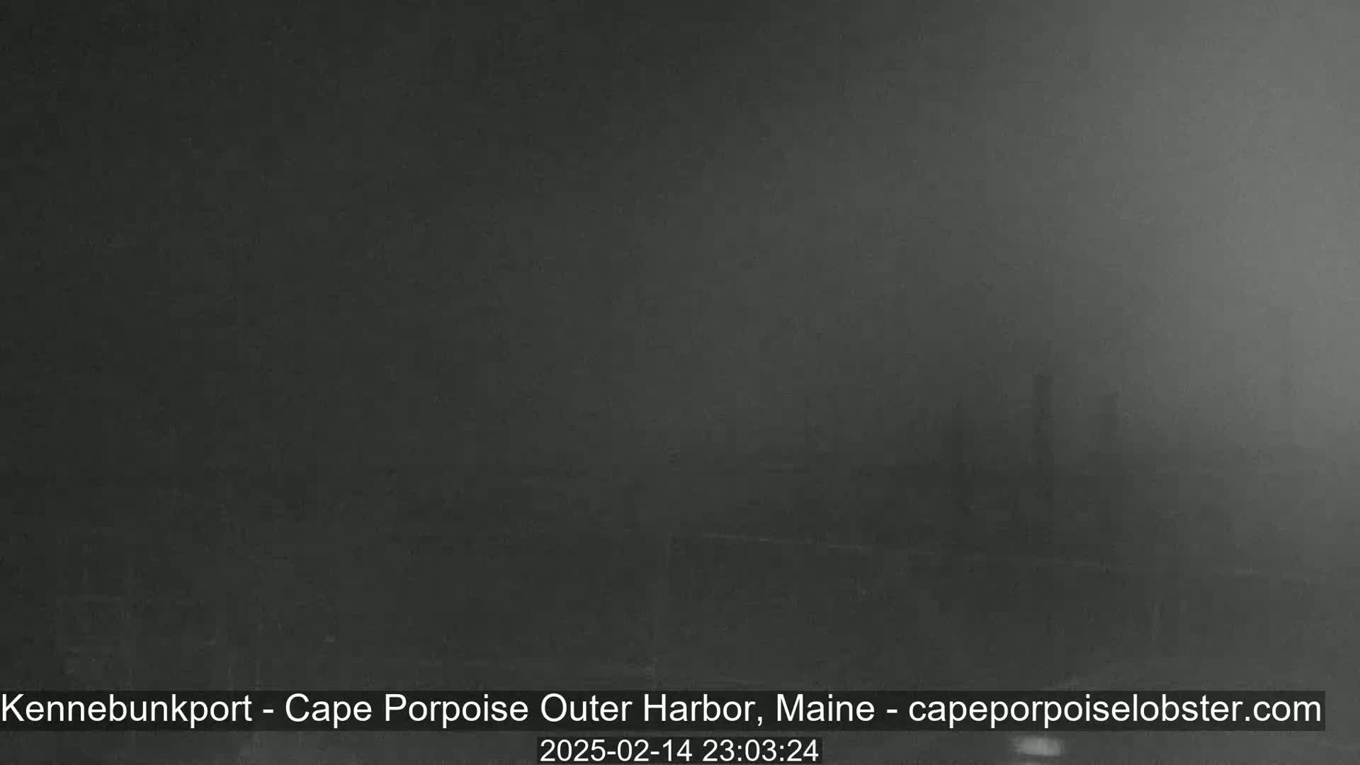 A dark, foggy scene shows an indistinct harbor at night.