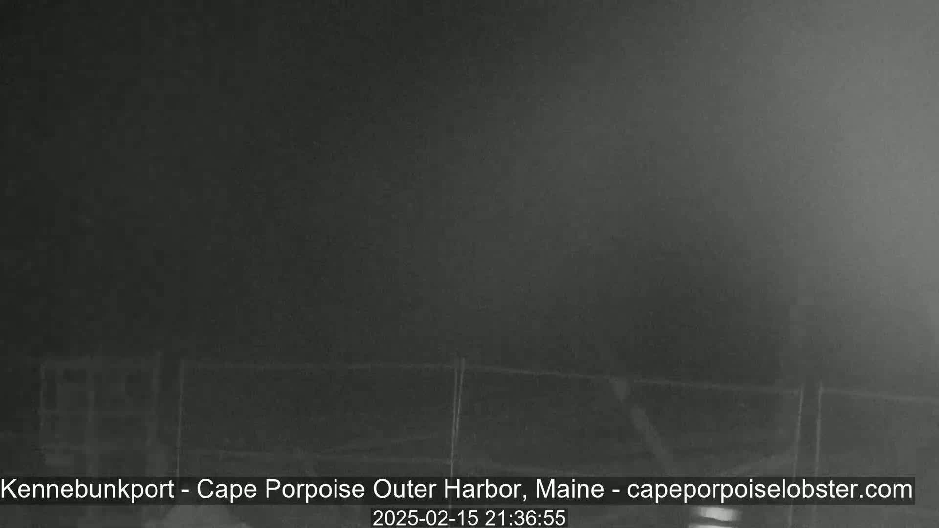 A dark, nighttime scene shows a hazy, foggy outdoor environment with a low fence visible in the bottom of the frame.