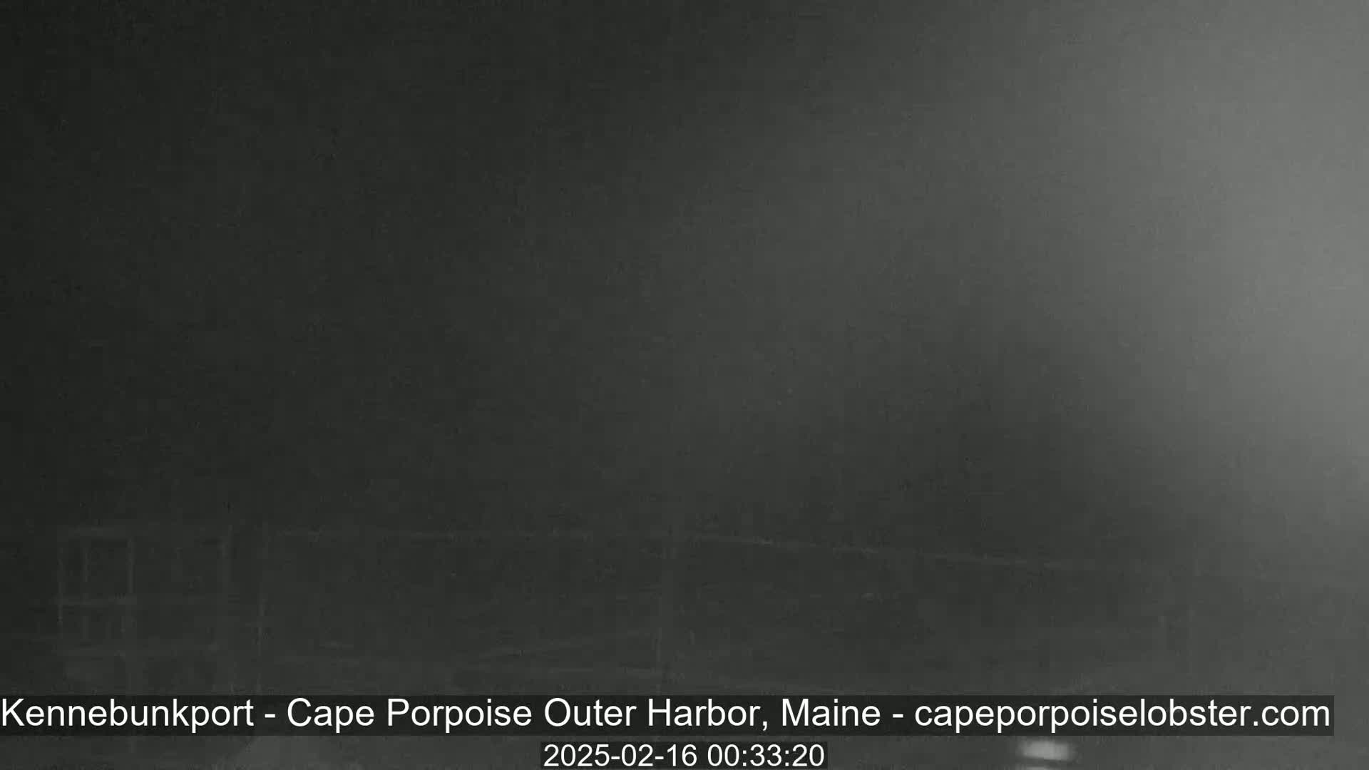 A dark, nighttime scene shows a blurry, indistinct view of a possibly waterfront area under foggy or hazy conditions.