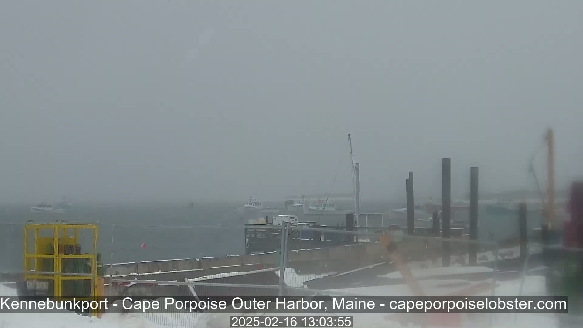 A snowy, foggy harbor scene shows several boats at a dock, with more boats visible in the distance.