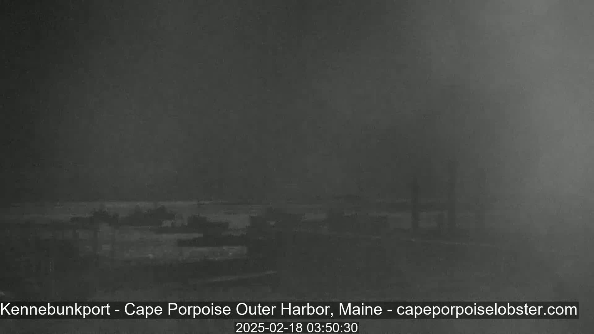 A dark, foggy harbor at night shows several indistinct boats moored near a dark shoreline.