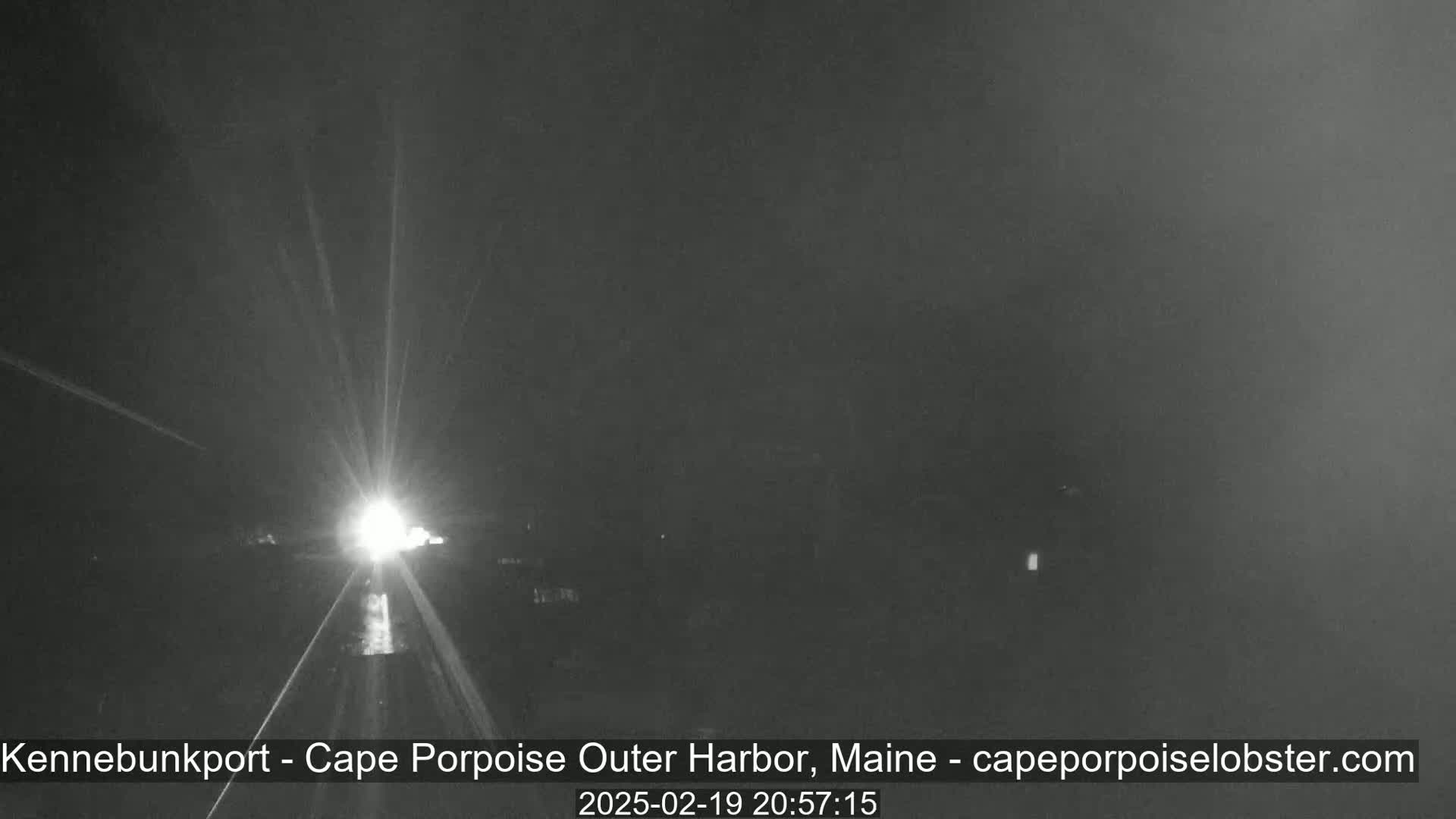 A nighttime, low-light view of a road with headlights approaching in the distance.