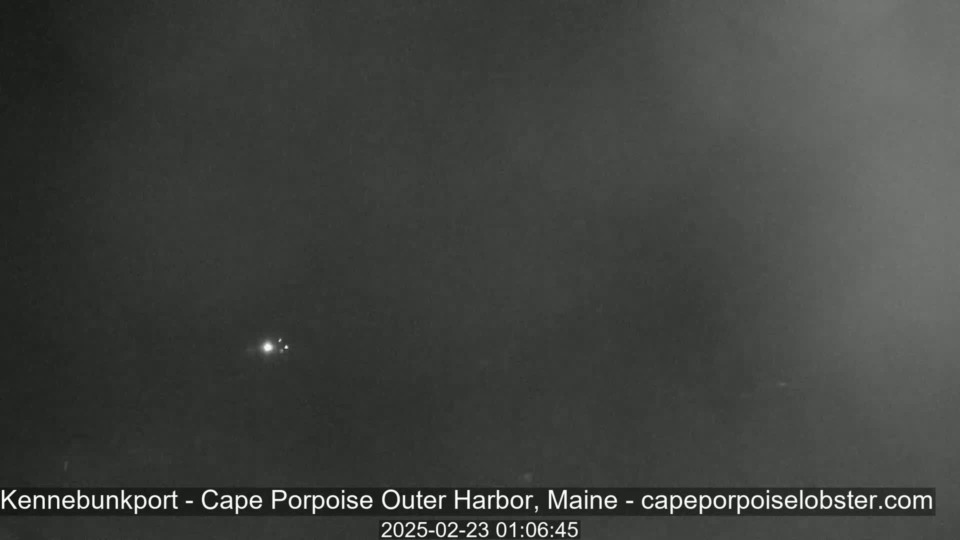 A dark, nighttime scene shows a few faint lights in the distance under an overcast sky.