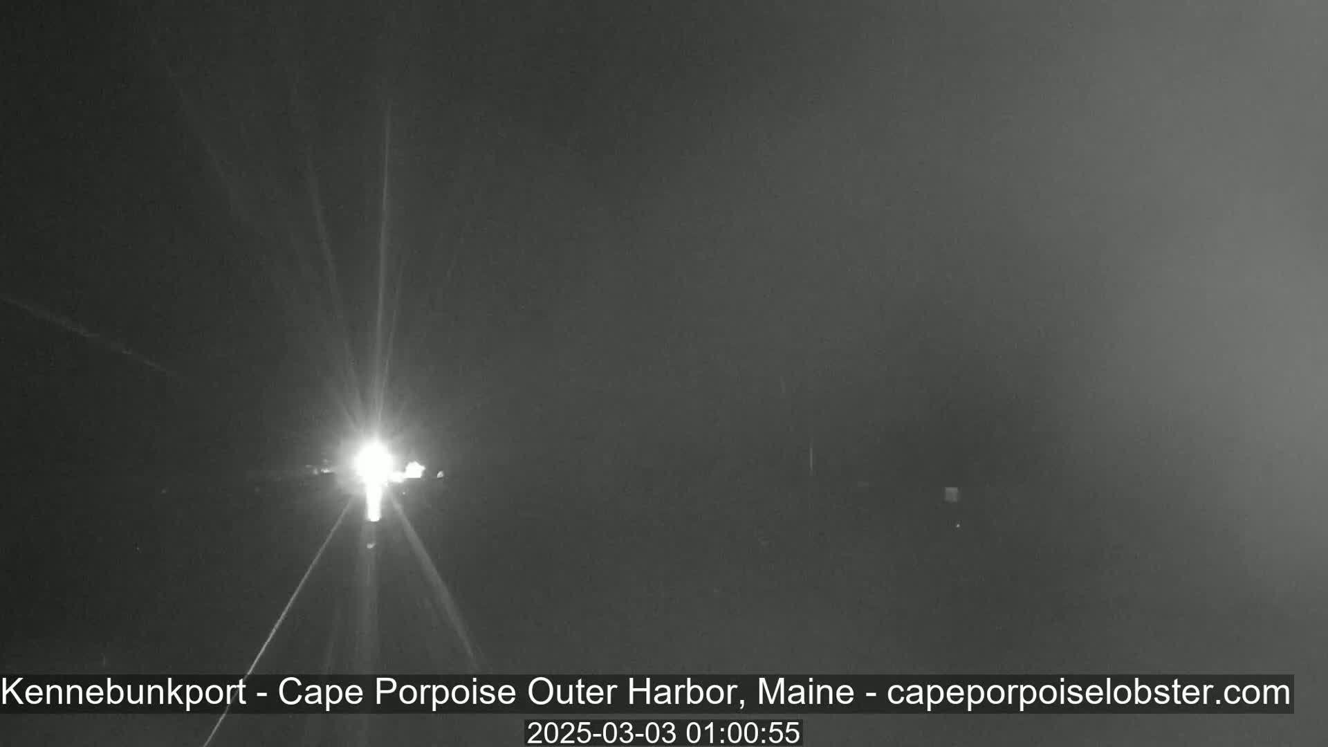 A nighttime, hazy scene shows a bright light in the distance.