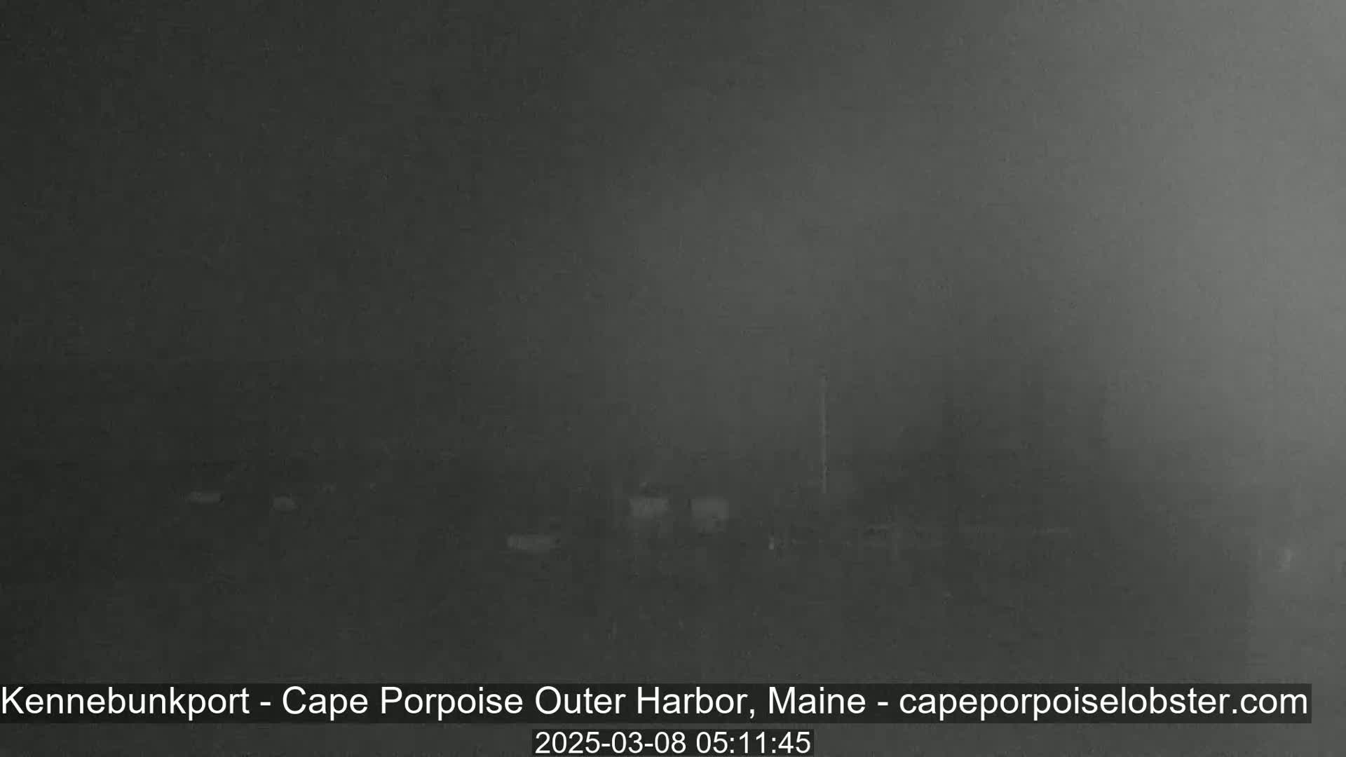 A dark, foggy or hazy scene shows indistinct shapes that appear to be buildings and possibly vehicles at night.