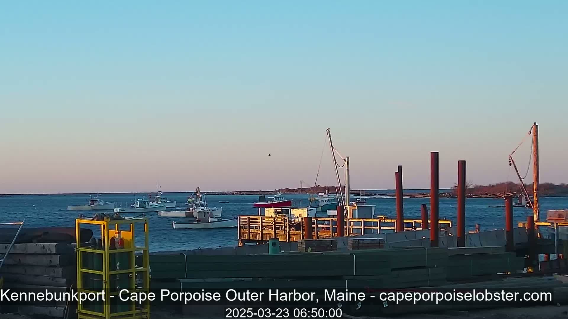 Several fishing boats are moored in a calm harbor at sunrise, with construction materials visible on the shore.