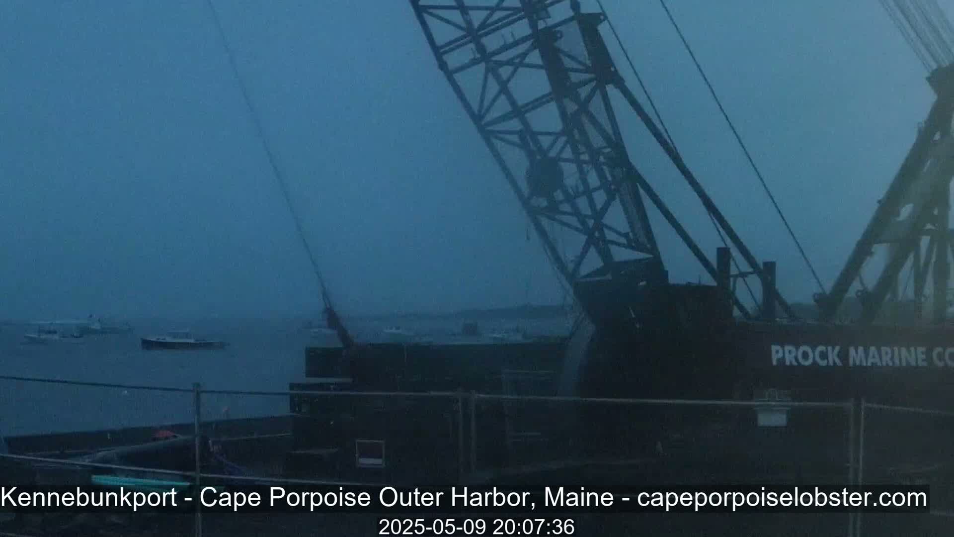 A large crane is seen in a harbor with several boats under a dark, overcast sky.