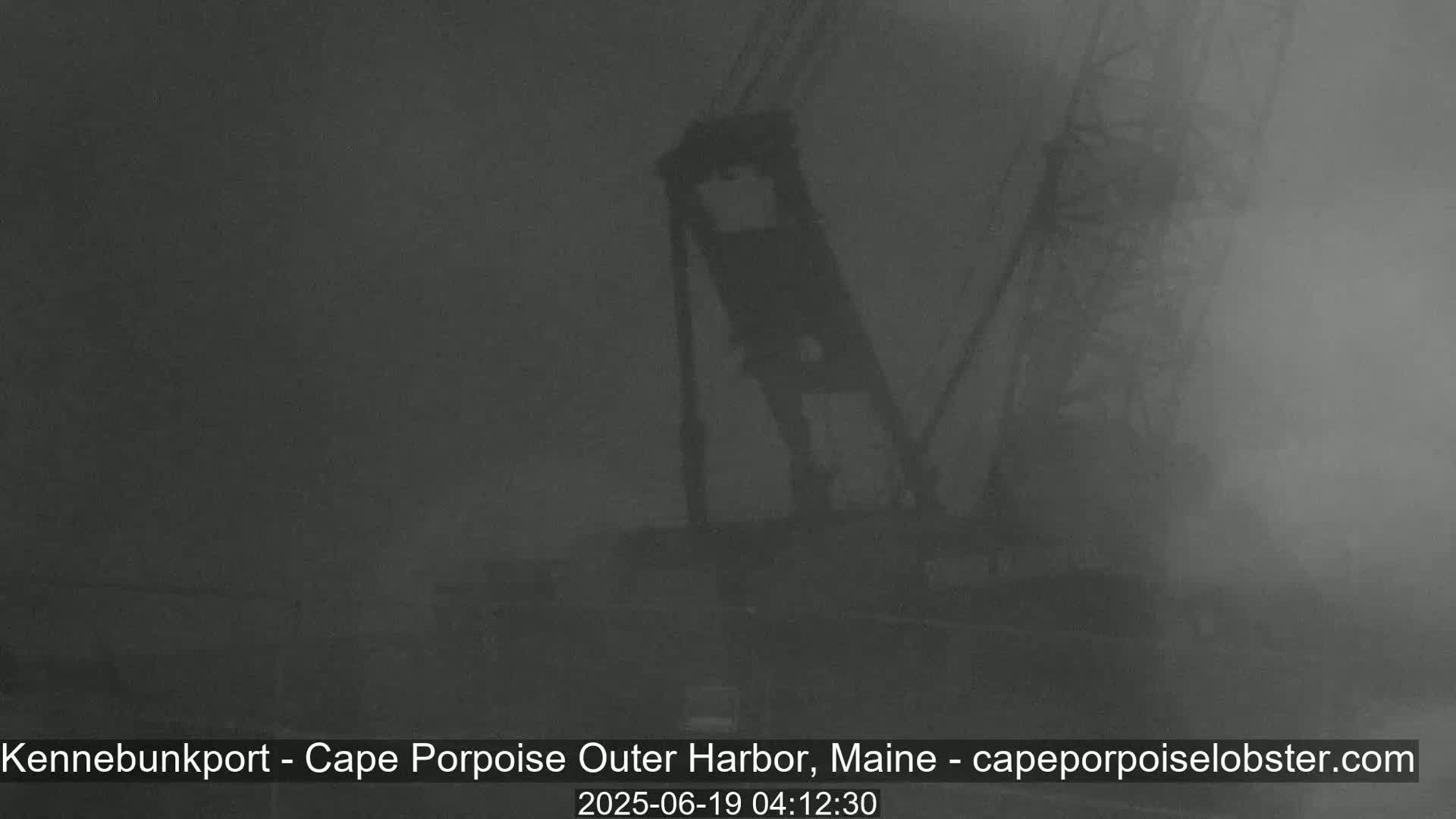 A mostly obscured view of a crane in foggy conditions.