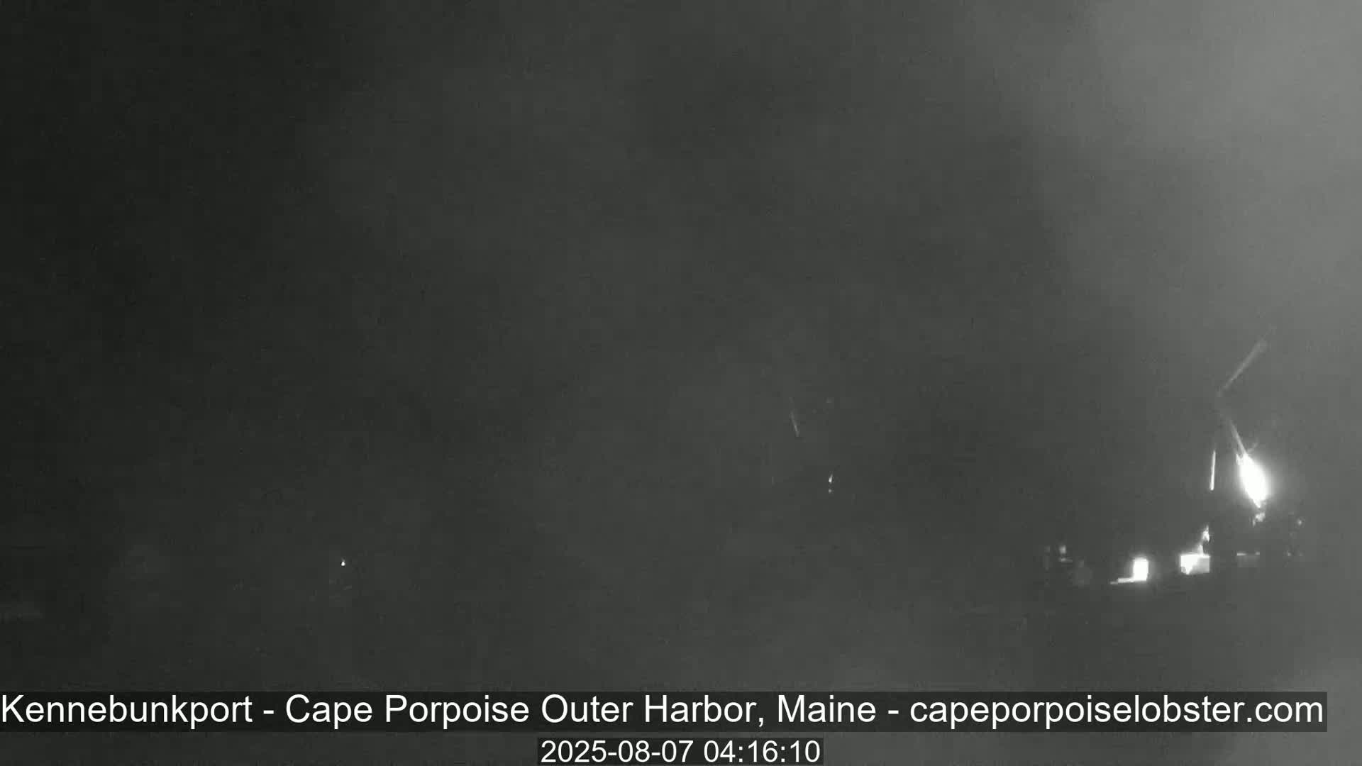 A nighttime, low-light image shows a dark harbor with faint lights and a brighter light source in the upper right corner, possibly from a boat or a light on land.