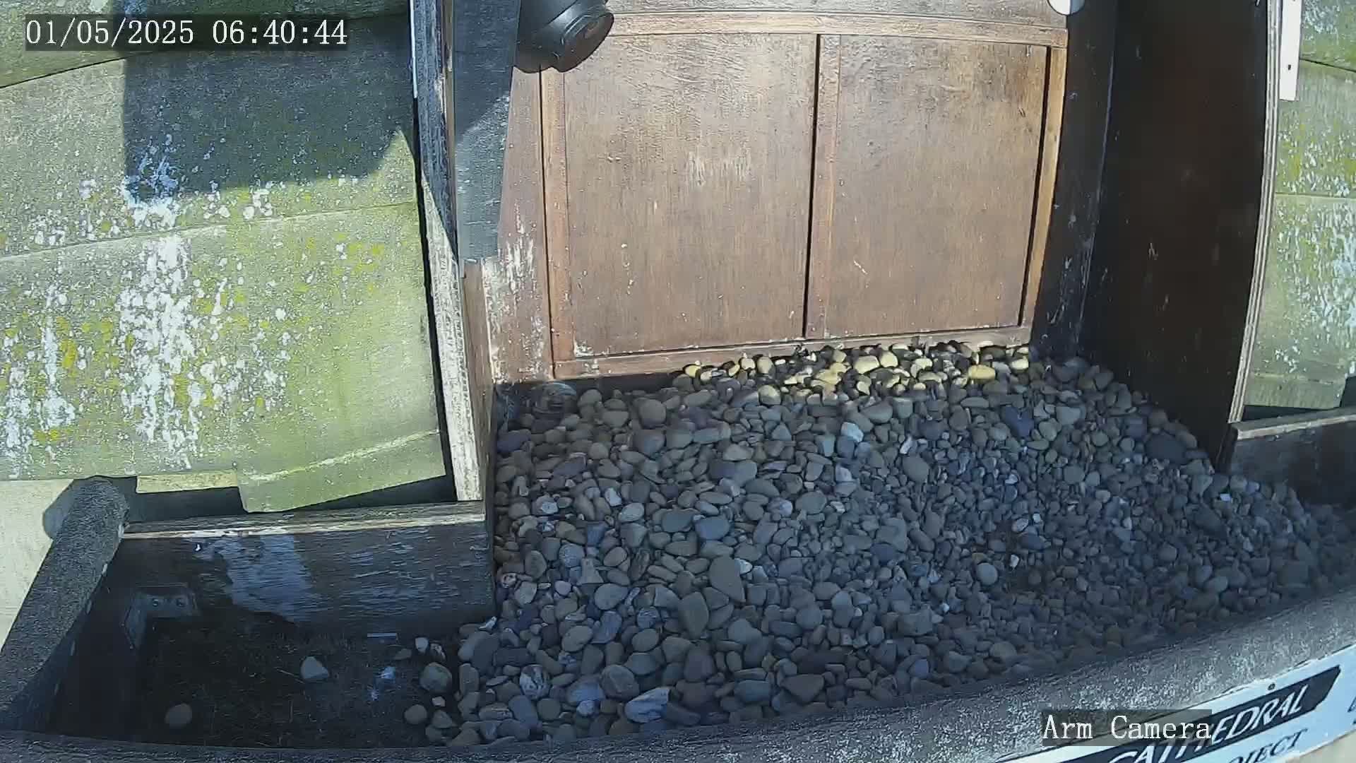 A pile of dark gray and black pebbles sits in a trough at the base of a weathered brown wooden door under sunny conditions.