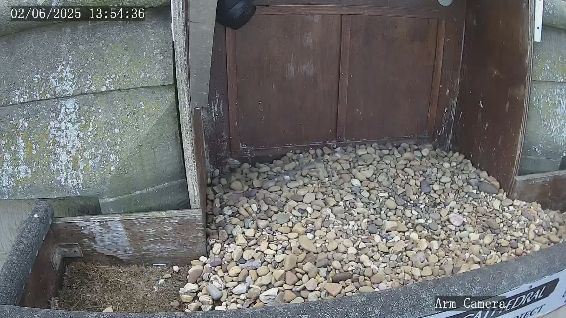 A security camera is mounted above a pile of small rocks and gravel at the base of a weathered wooden structure.