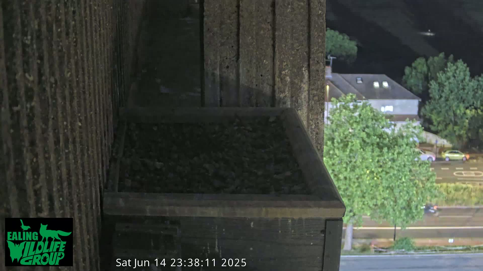 A gravel-filled bird nesting box sits atop a building overlooking a residential street on a partly sunny day.