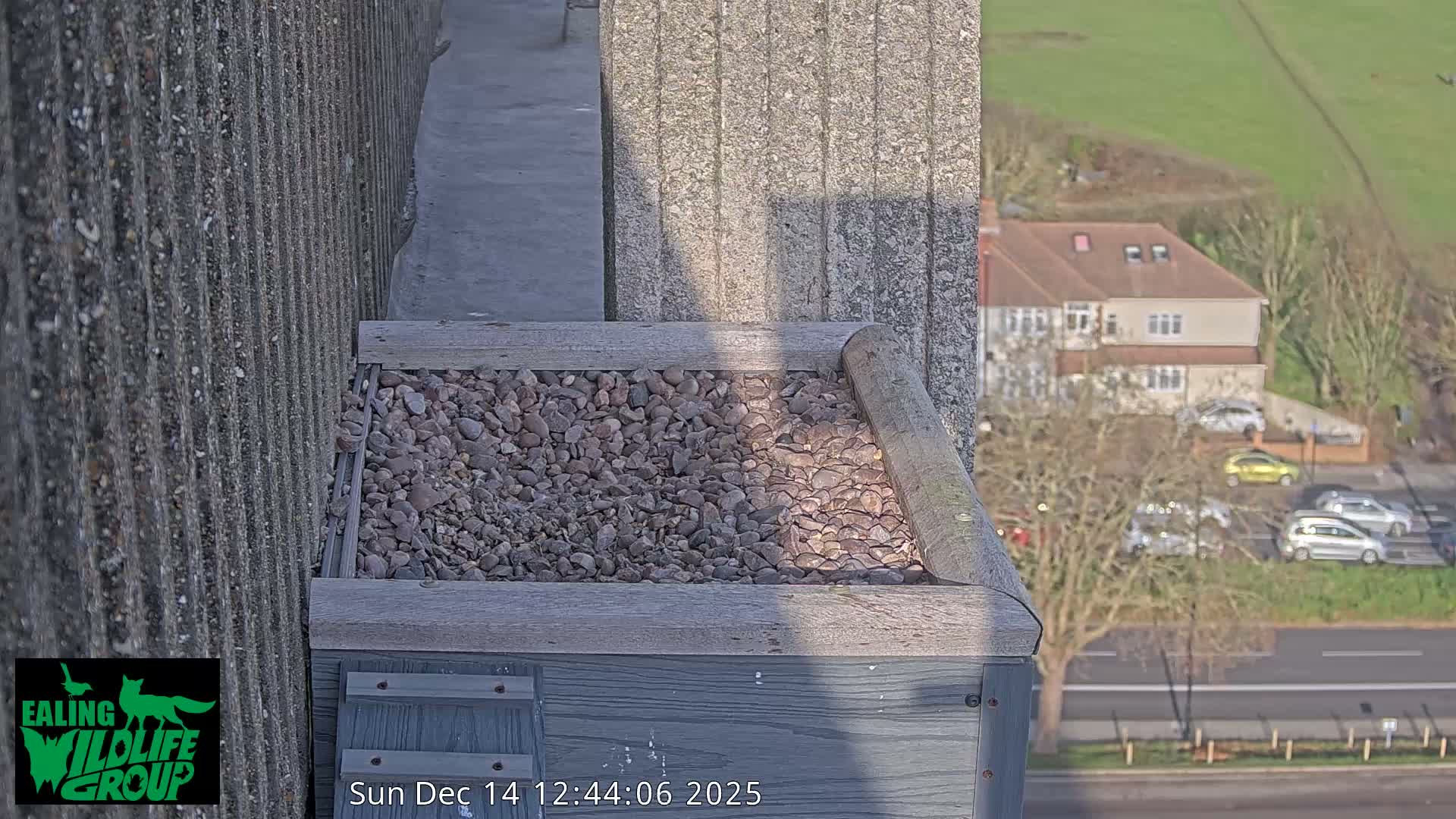 A wooden box filled with pebbles sits on a building ledge, overlooking a frosty suburban landscape with houses, bare trees, and a road on a clear, cold morning.