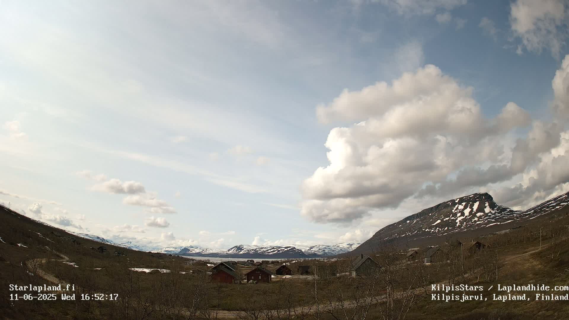 A partly cloudy sky over a valley of small cabins with snow-capped mountains in the background.