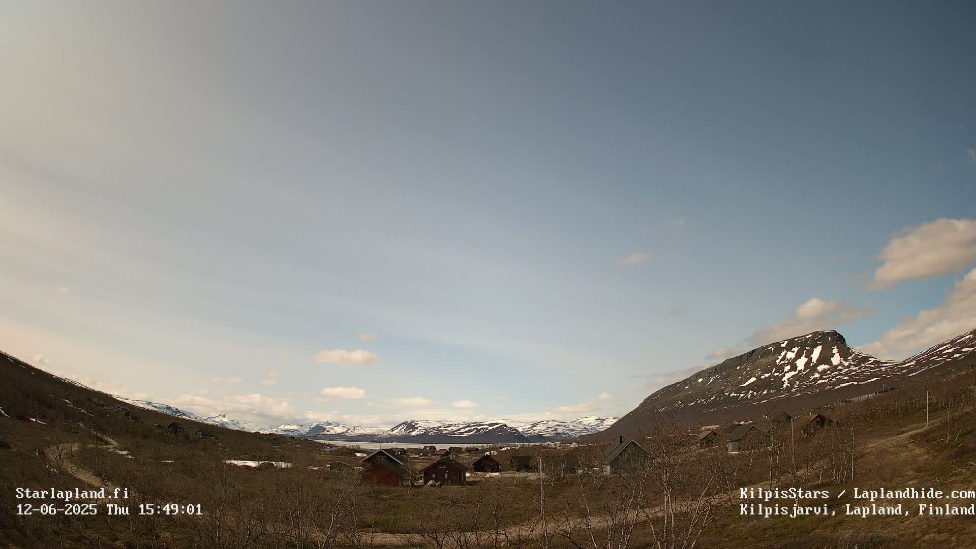 A small village nestled in a valley between snow-capped mountains under a mostly clear sky with a few scattered clouds.