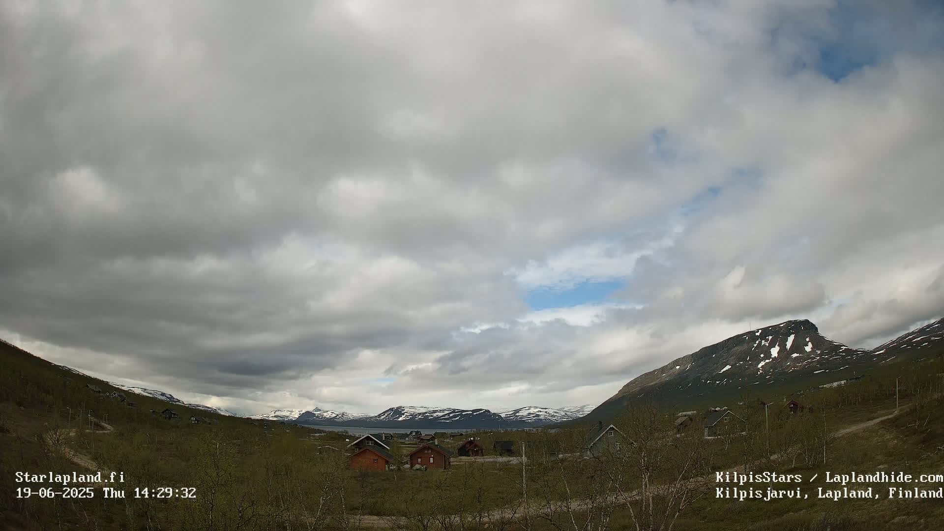 A mostly cloudy sky over a valley with small, wooden cabins, sparse vegetation, and snow-capped mountains in the background.