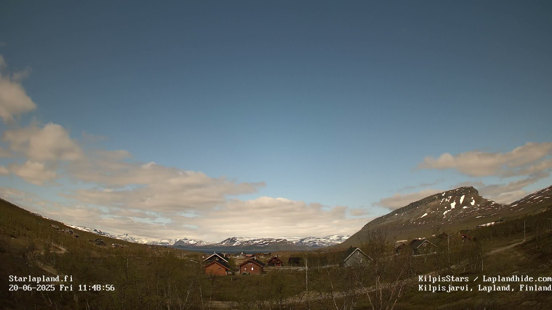 A partly cloudy sky overlooks a small village nestled in a valley between snow-capped mountains.