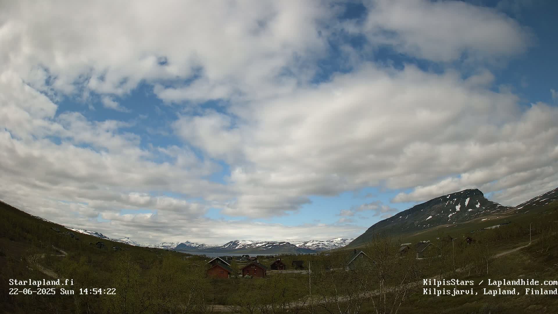 A partly cloudy sky overlooks a valley with scattered cabins, green vegetation, and snow-capped mountains in the distance.
