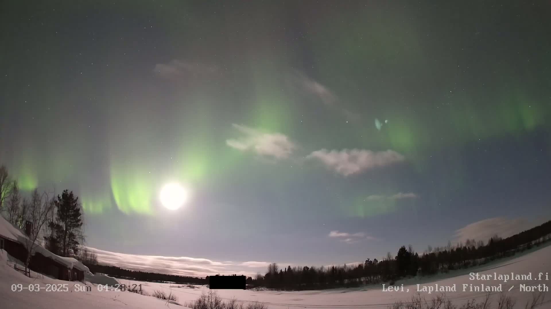 A nighttime, snowy landscape shows a bright moon and a vibrant aurora borealis in the sky above a line of trees and a small building.