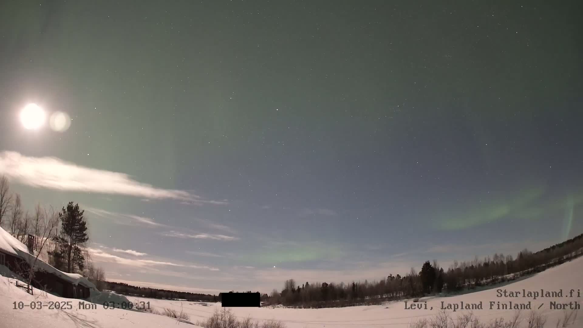 A bright moon and faint aurora borealis illuminate a snow-covered landscape under a starry night sky.