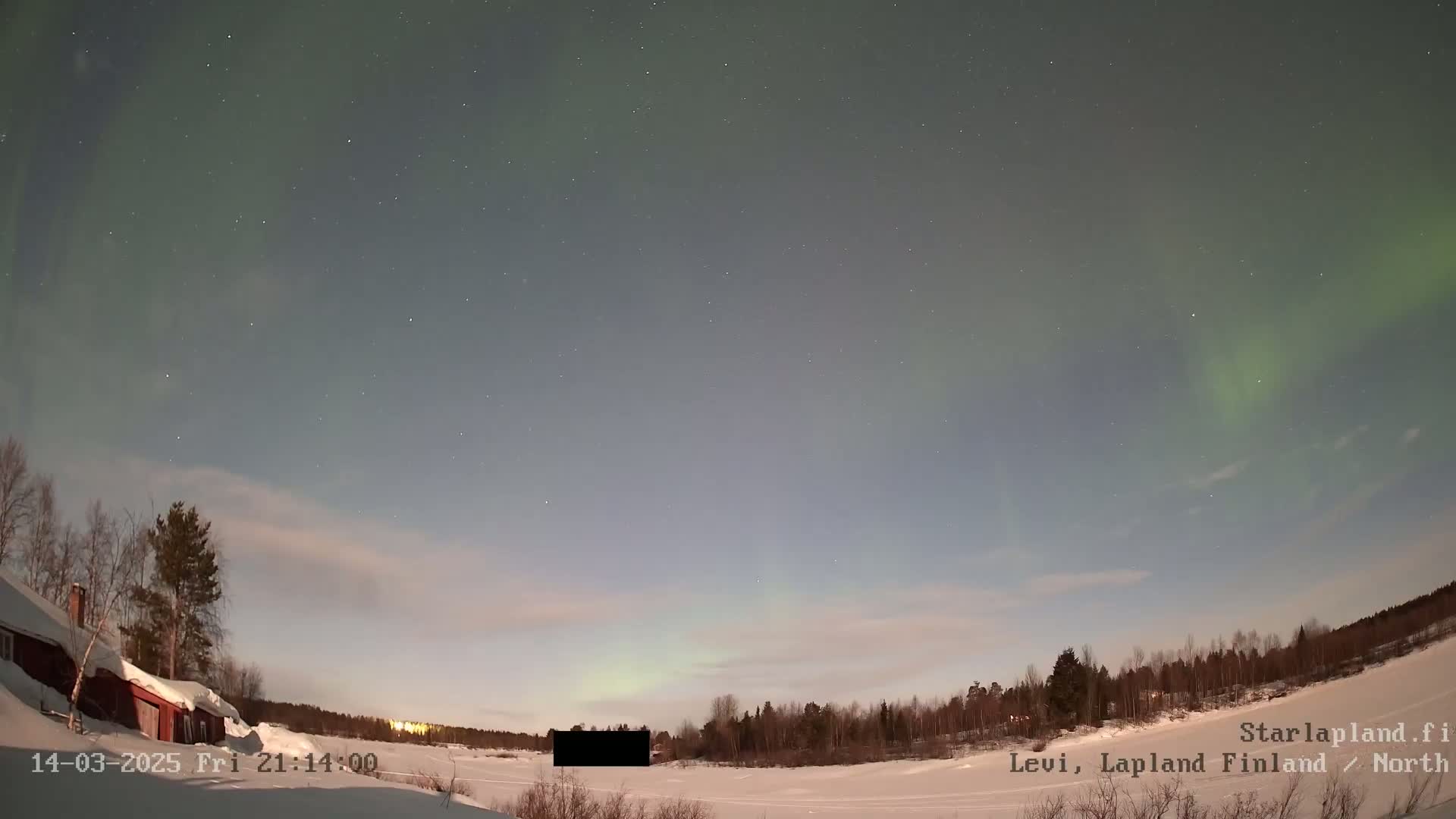 A snow-covered landscape under a night sky displays a faint aurora borealis with a few clouds and some distant trees.