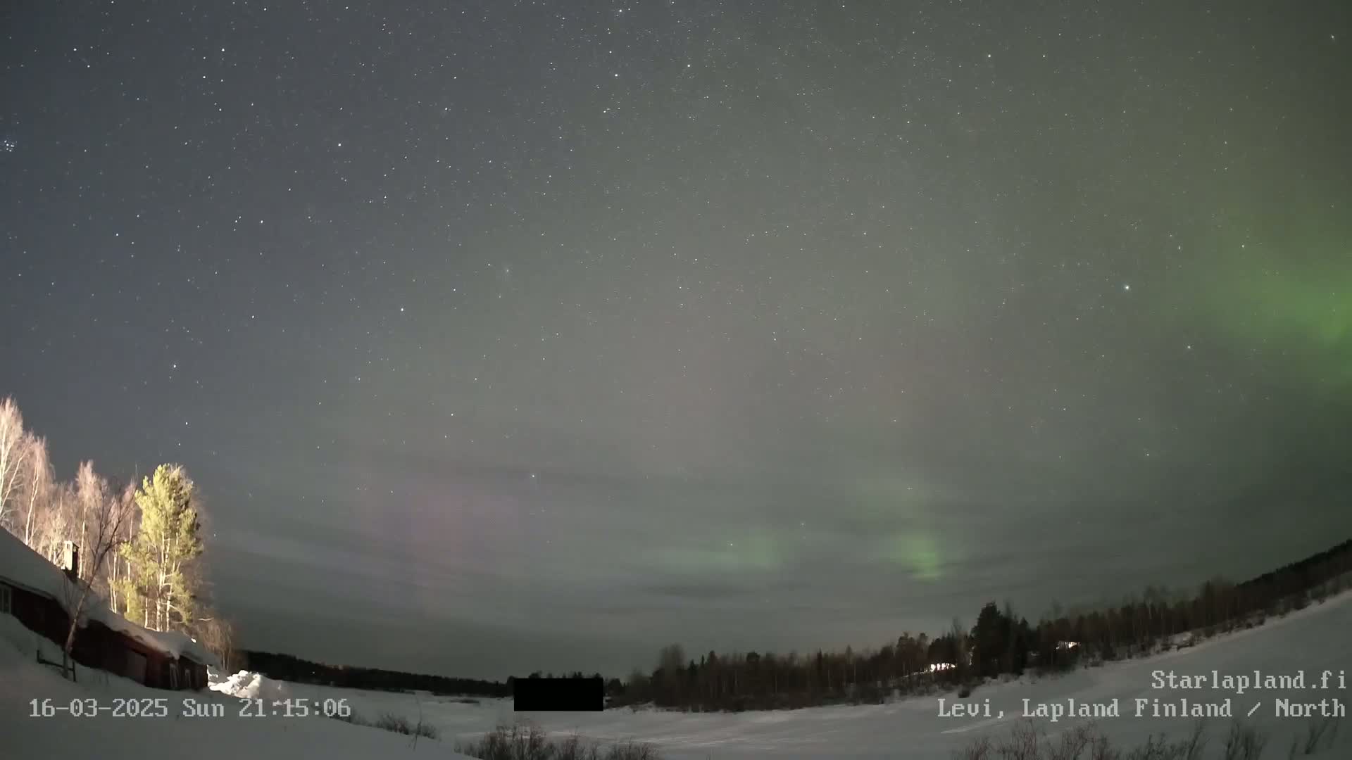 A nighttime landscape shows a snow-covered field, trees, and a building under a starry sky with a visible aurora borealis.