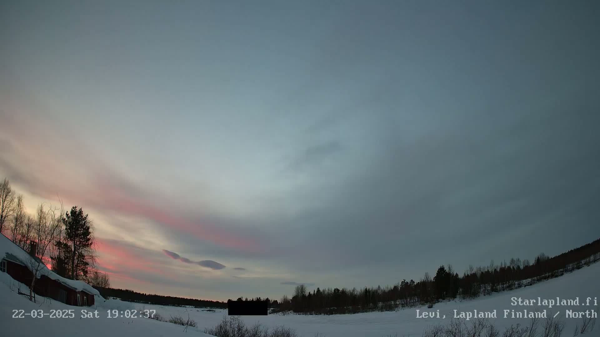 A snow-covered landscape with a line of trees is visible under a twilight sky showing faint pink and purple hues.