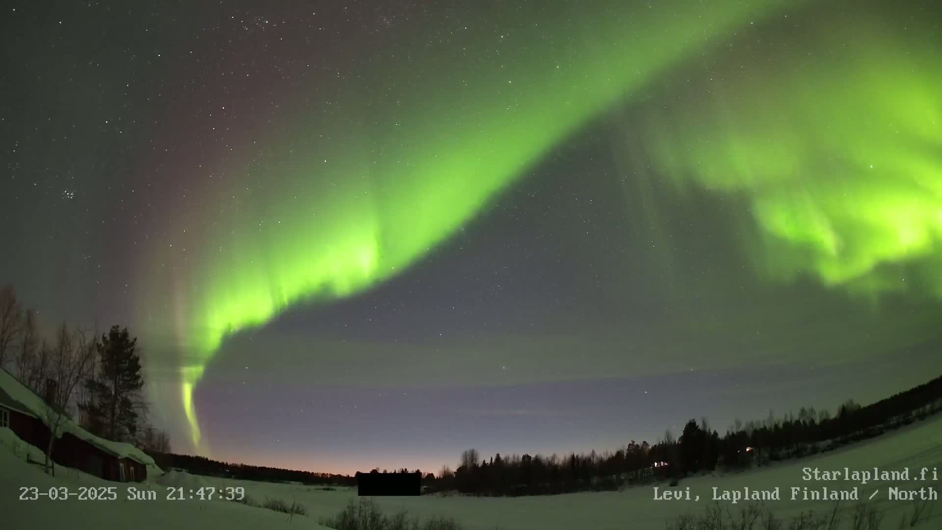 A vibrant green and purple aurora borealis illuminates a starry night sky over a snow-covered landscape with a dark silhouette of a structure and trees.