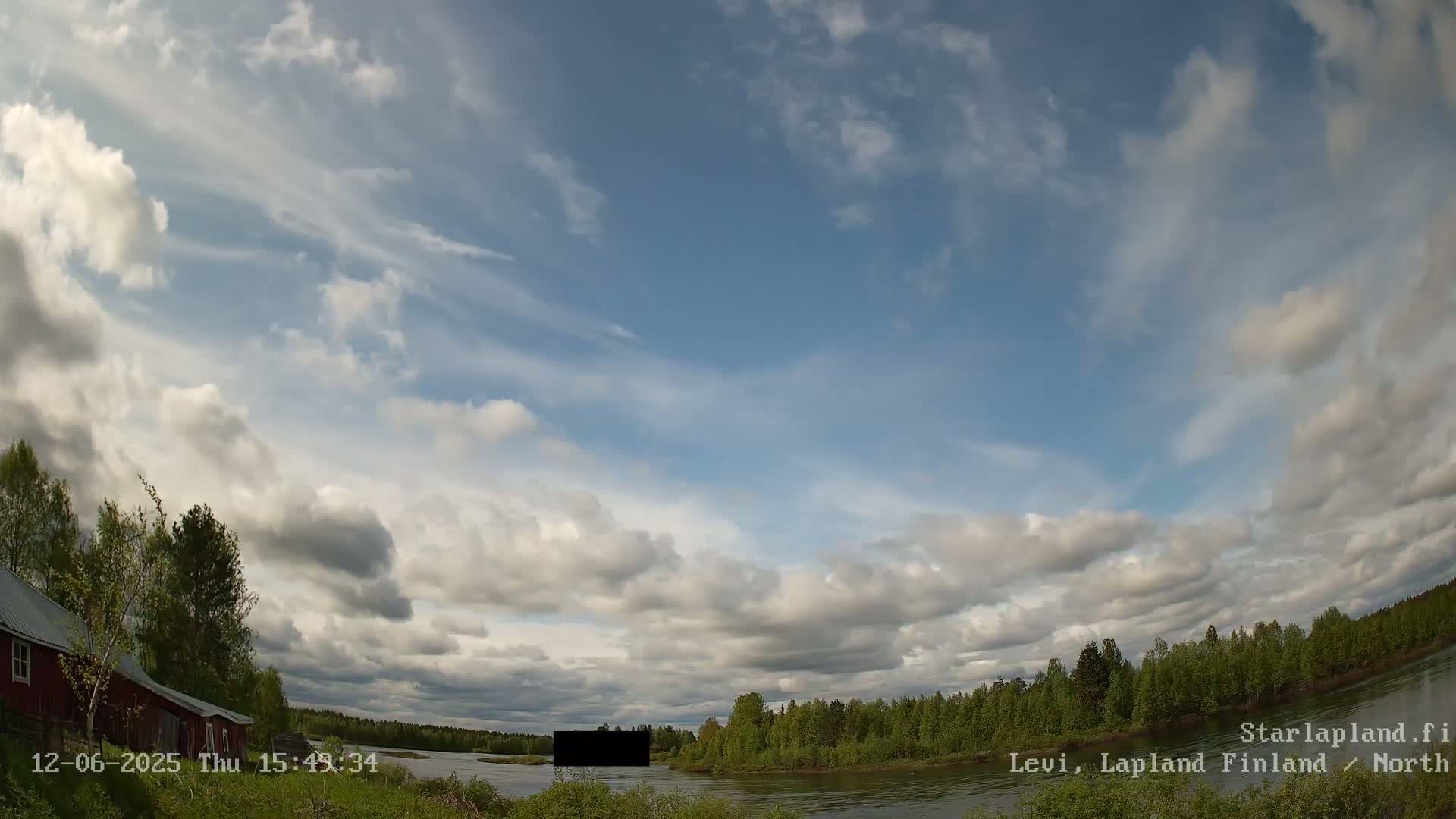 A partly cloudy sky over a calm river bordered by a lush green forest and a red building.