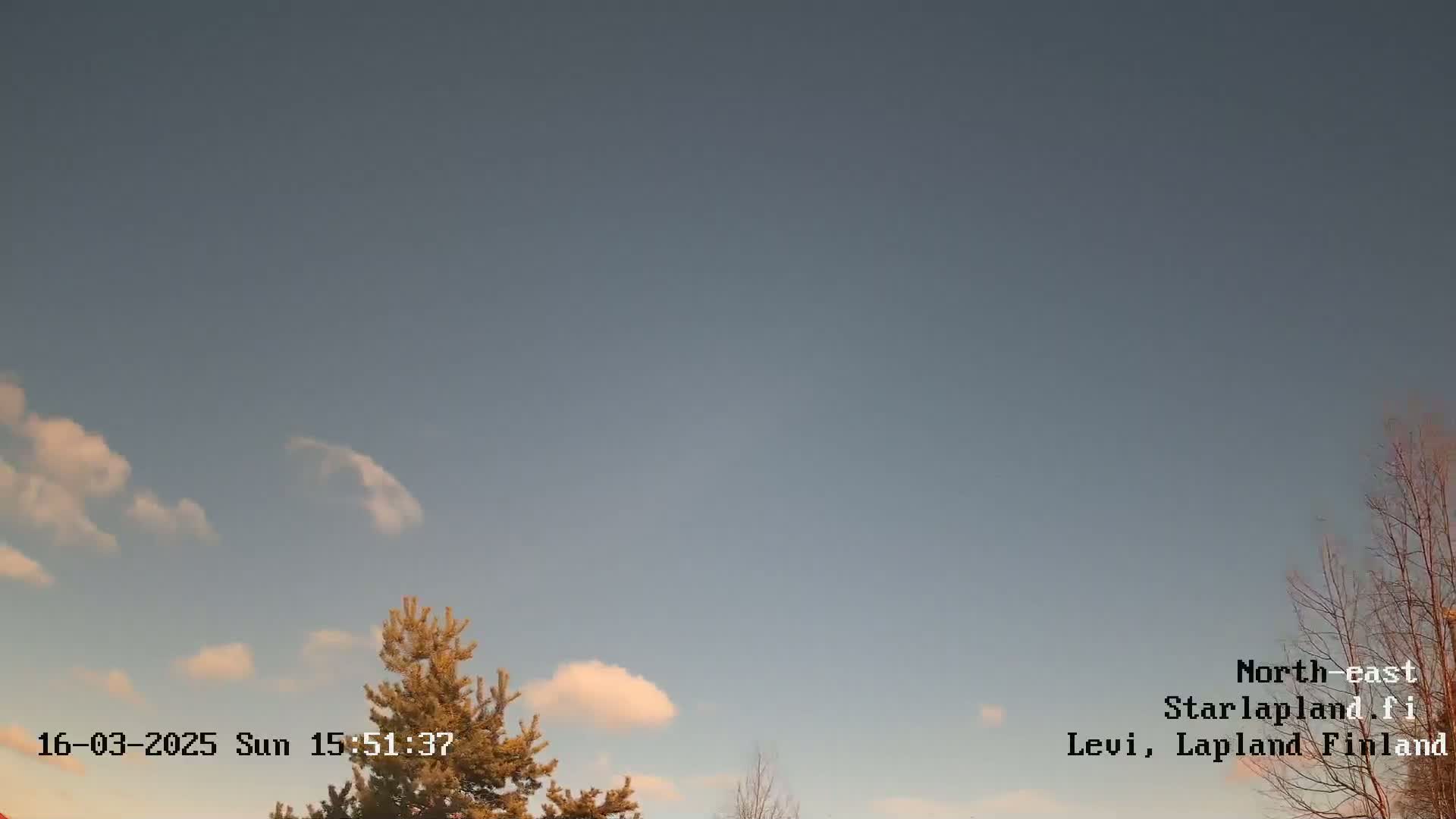 A mostly clear sky with a few small clouds is visible above some sparsely leaved trees.