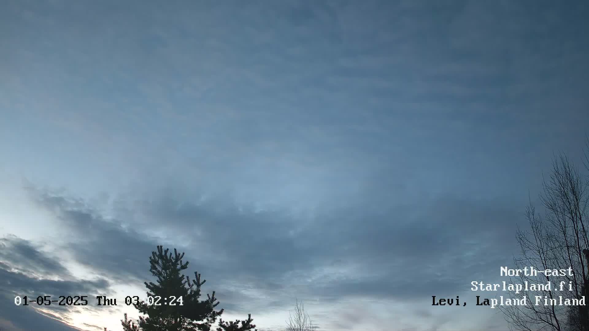A mostly cloudy, dusky sky is visible above a few silhouetted trees.