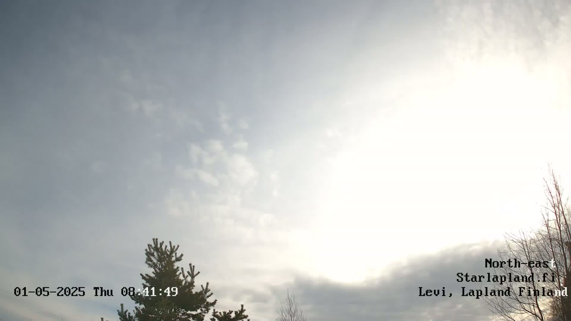 A partly cloudy sky with the sun visible through the clouds, and a few bare and coniferous trees are visible at the bottom of the image.