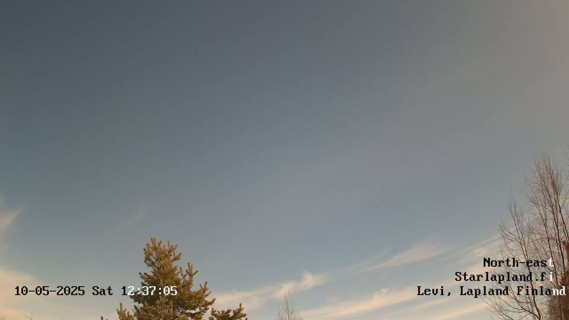 A mostly clear, pale blue sky with wispy clouds is visible above a few bare and coniferous trees.