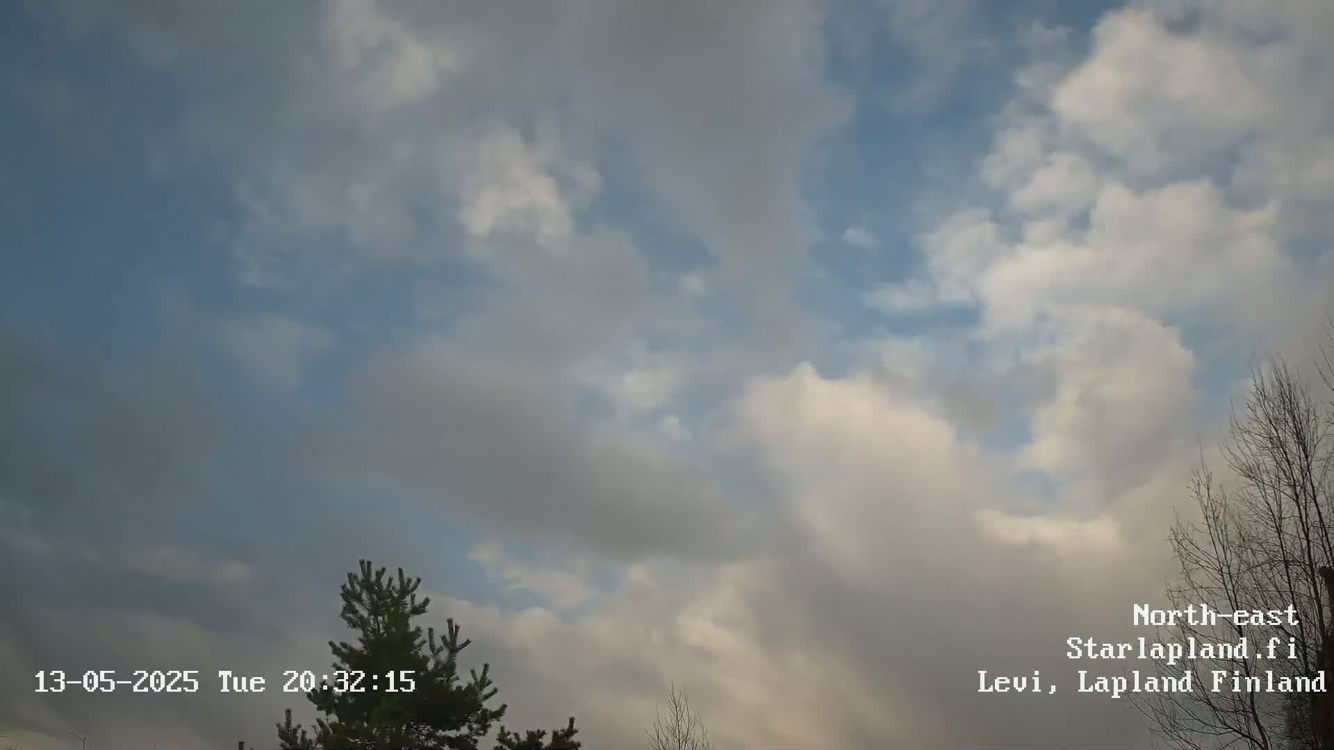 A partly cloudy sky with puffy white and gray clouds against a blue sky is visible above some bare and evergreen trees.