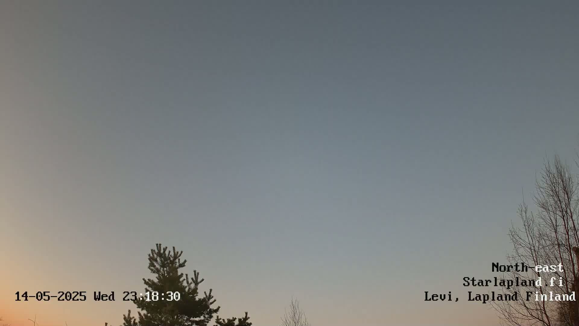 A twilight sky, mostly clear, with a few bare trees and an evergreen tree visible in the bottom portion of the frame.