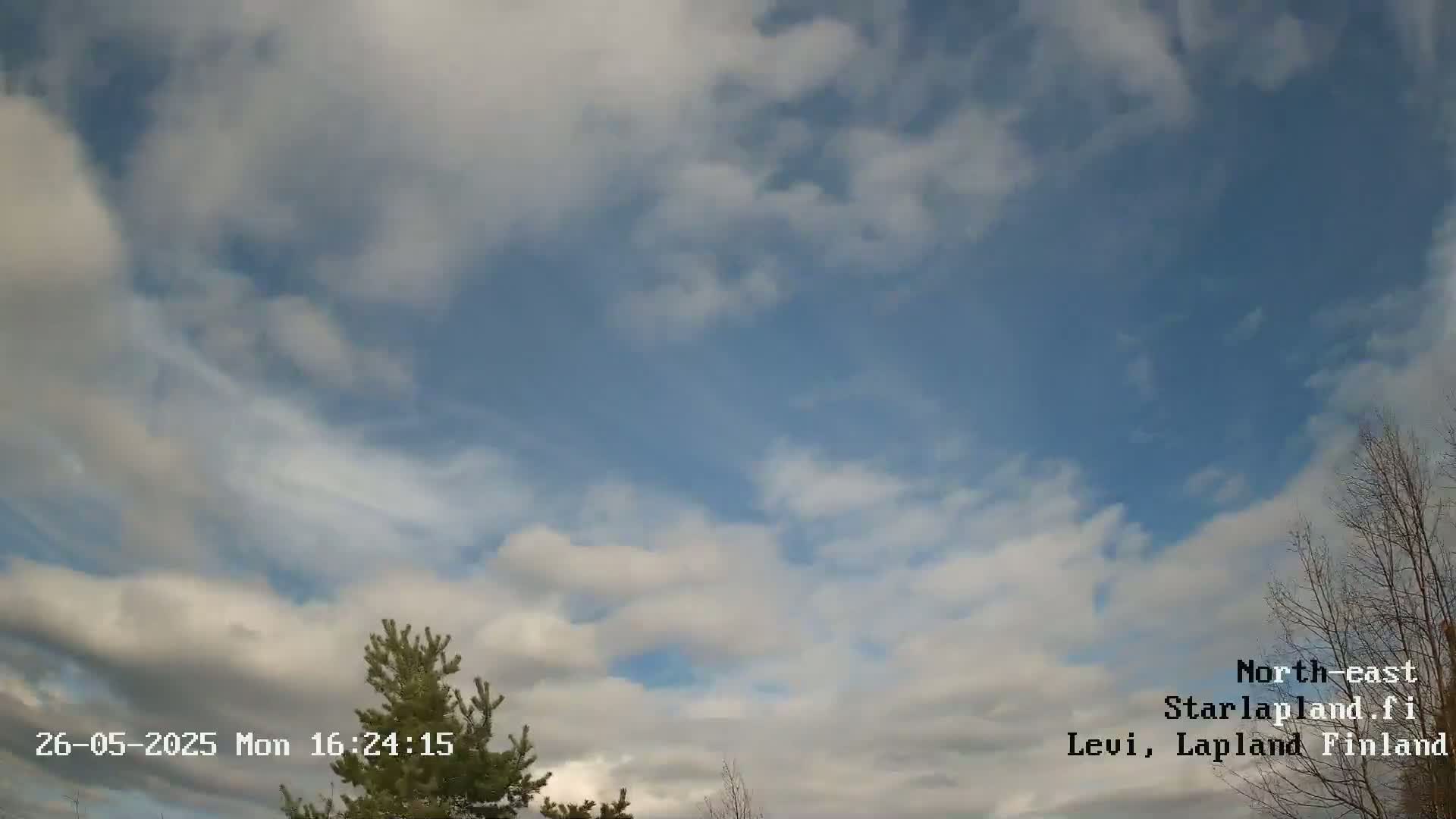 A mostly cloudy sky with patches of blue is visible above some treetops.
