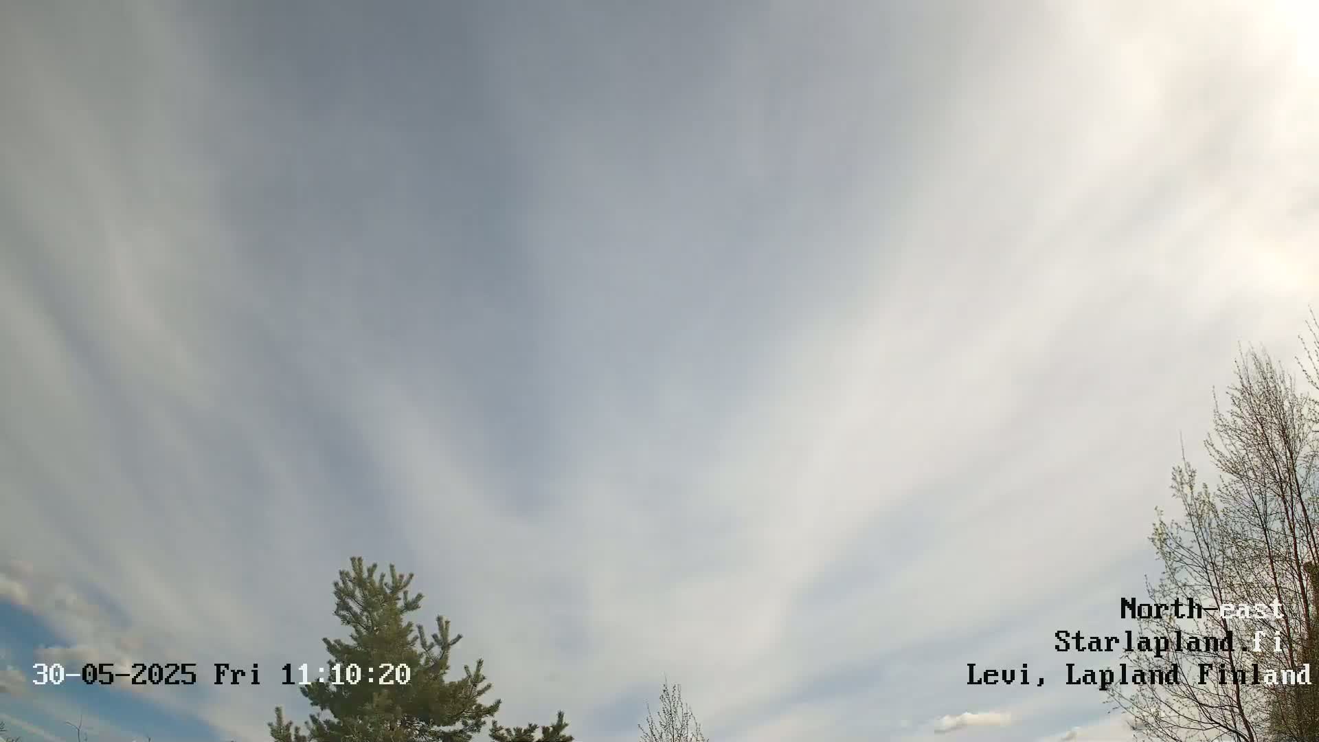 A mostly cloudy sky with thin, streaky clouds dominates the view, partially obscuring the branches of a few trees.