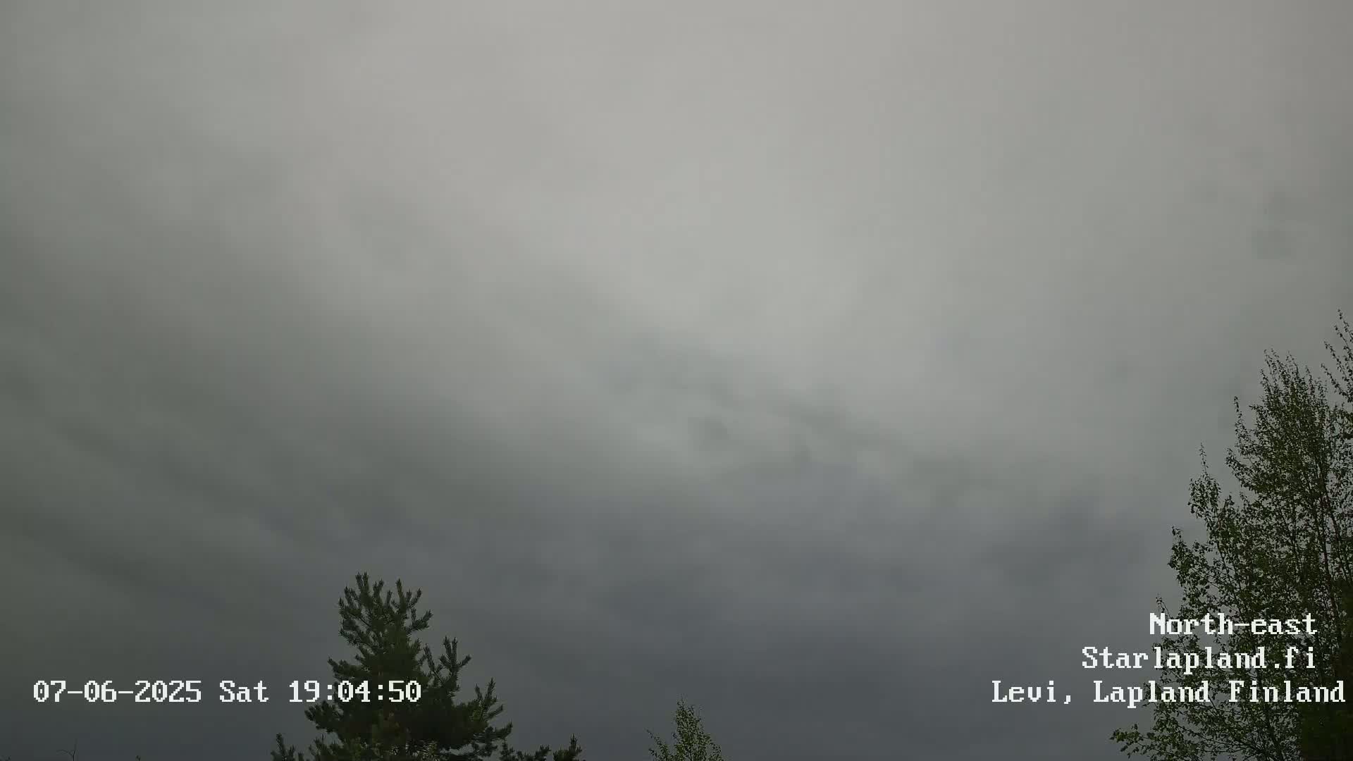 An overcast sky with dark gray clouds hangs over a landscape featuring the tops of evergreen and deciduous trees.