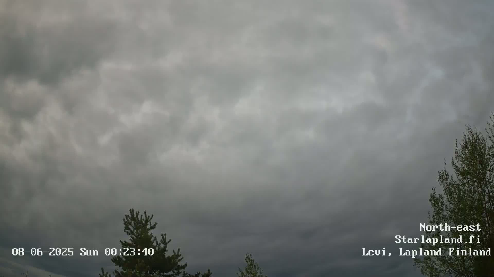 An overcast sky with dark gray clouds dominates the view, partially obscuring the tops of some coniferous and deciduous trees.