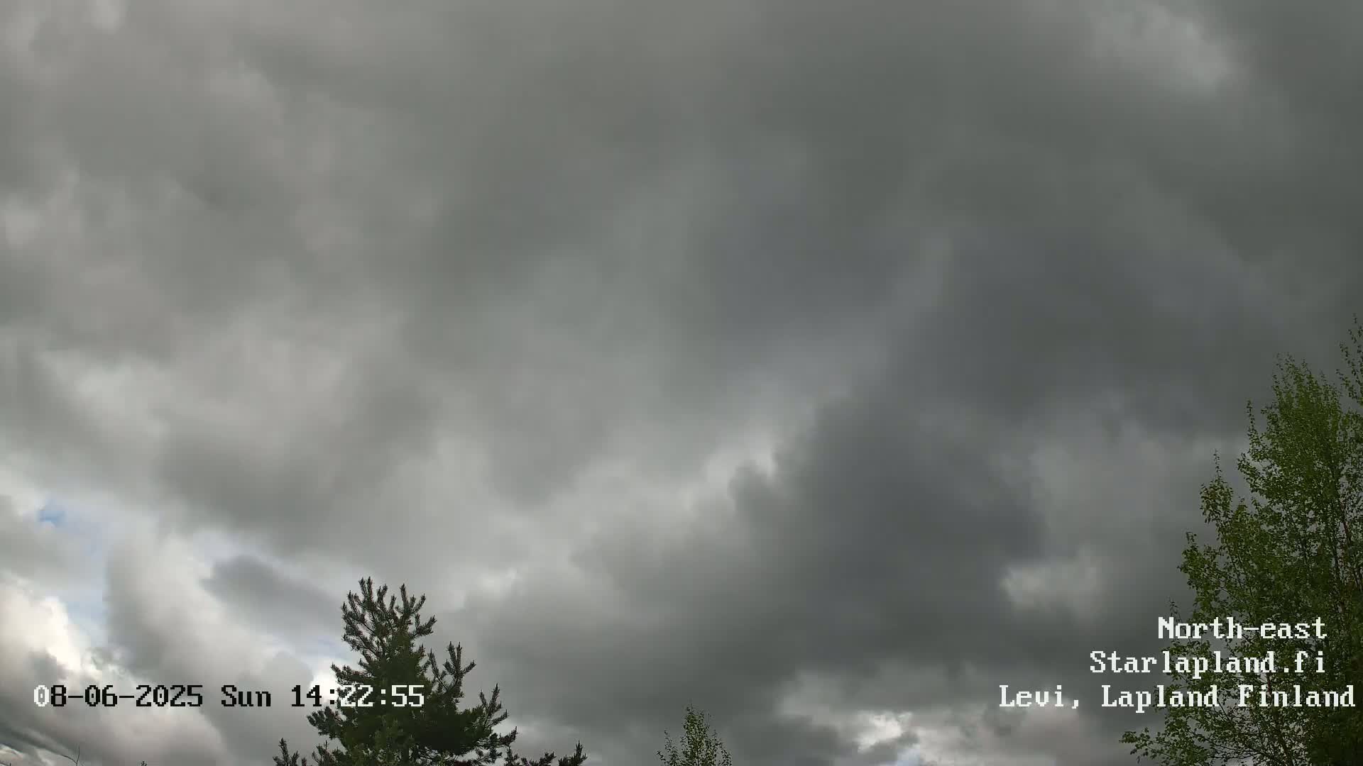 A mostly cloudy sky with some darker clouds overhead, and a few evergreen trees are visible at the bottom of the frame.