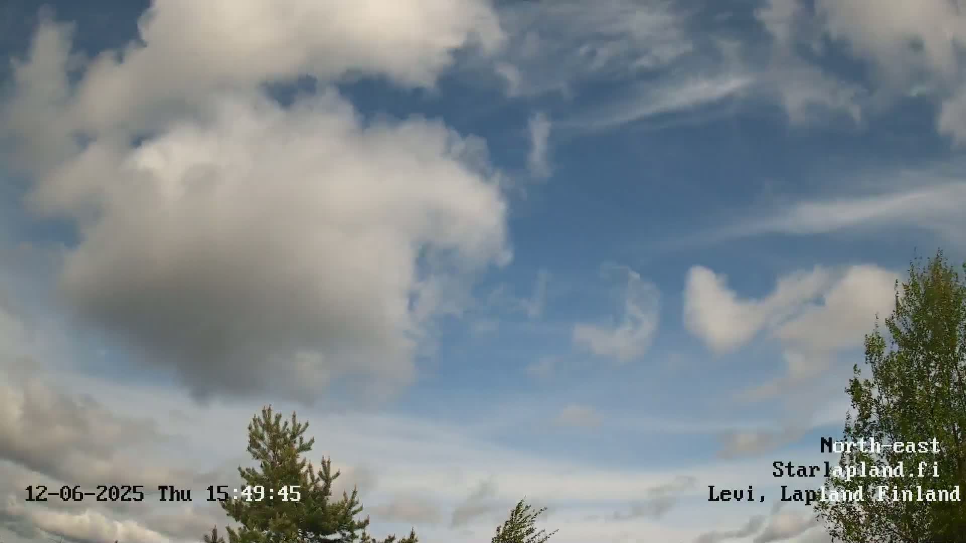 A partly cloudy sky with puffy white clouds and blue sky visible, with green trees at the bottom of the frame.