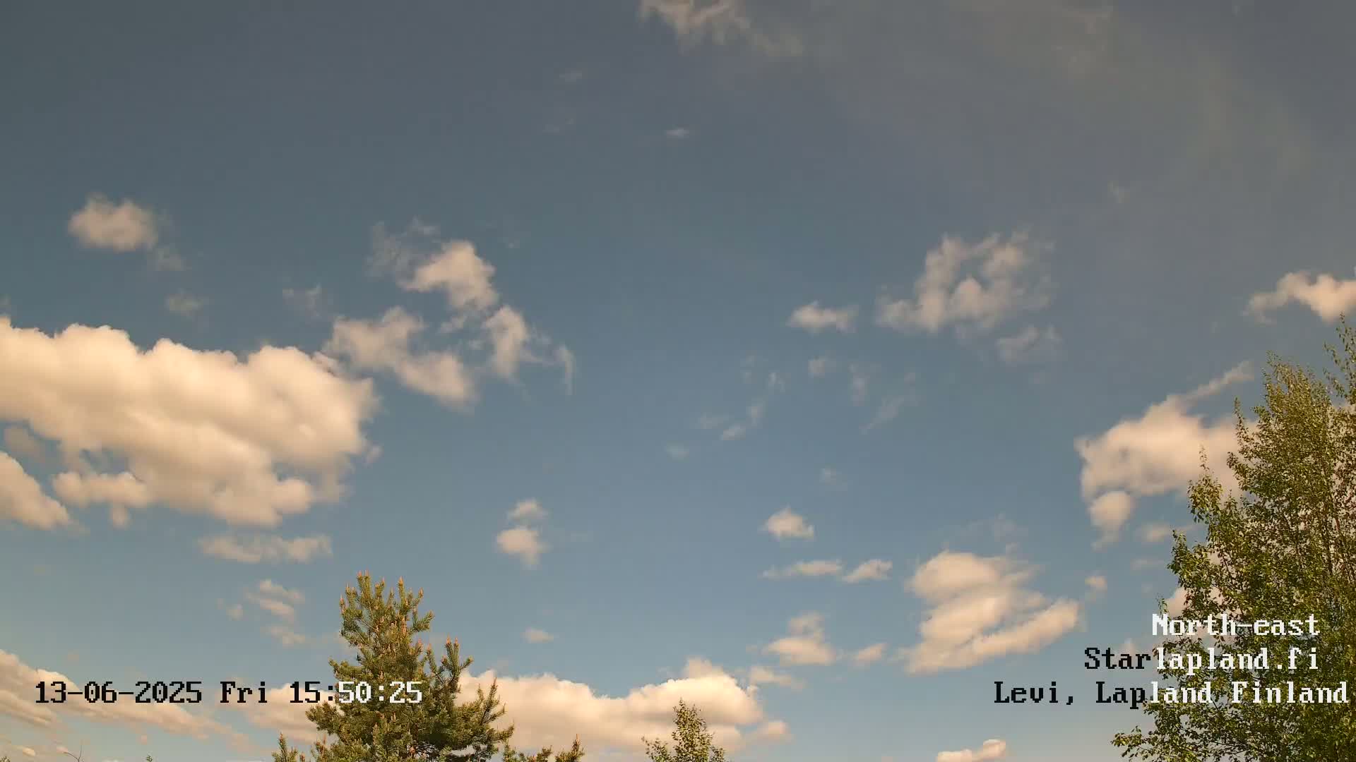 A partly cloudy sky with scattered cumulus clouds is visible above some treetops.