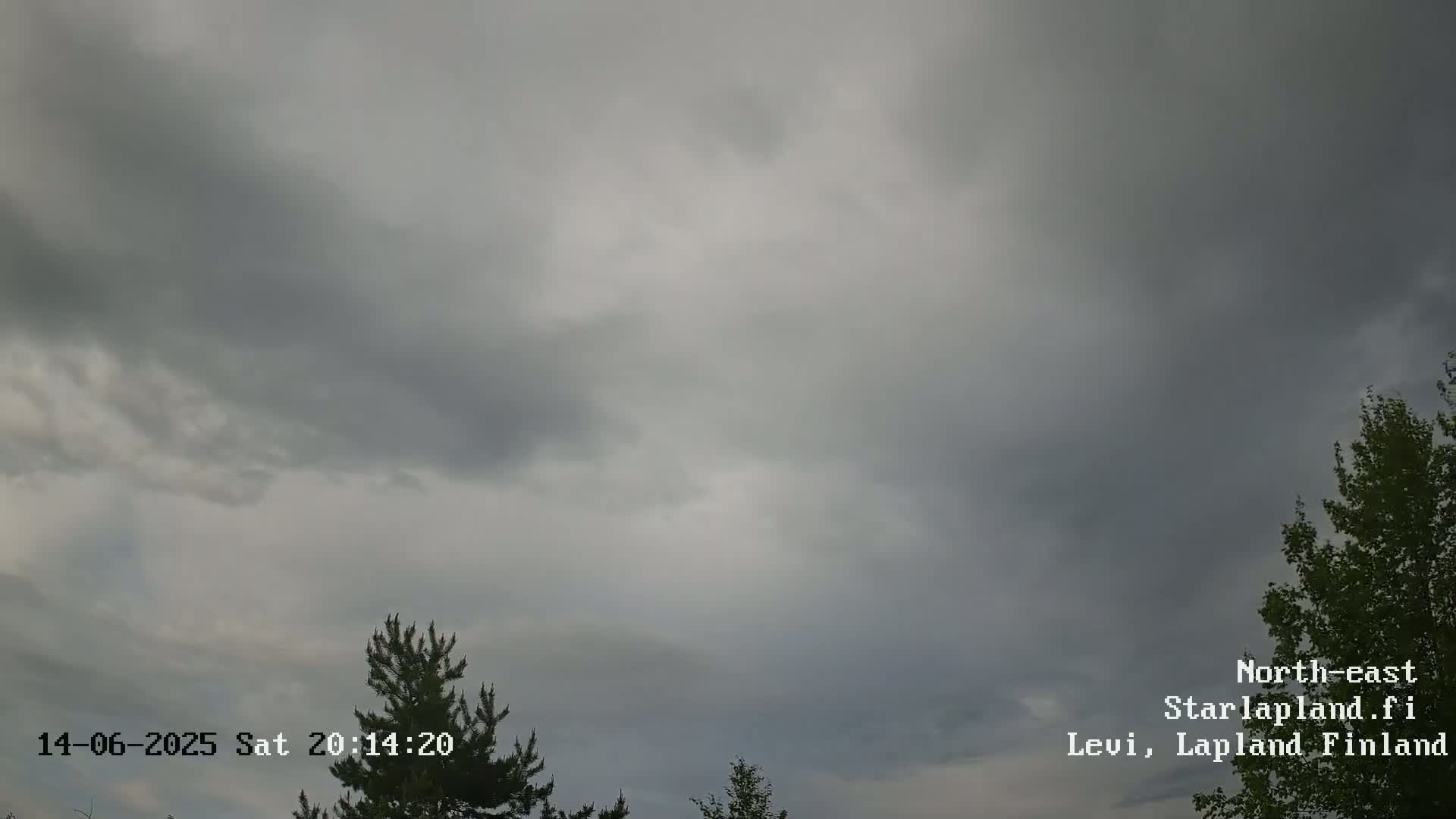 A mostly cloudy sky hangs over a landscape featuring several evergreen and deciduous trees.