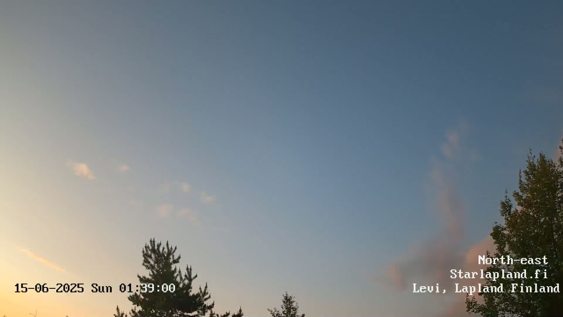 A mostly cloudy sky hangs over a landscape featuring several evergreen and deciduous trees.